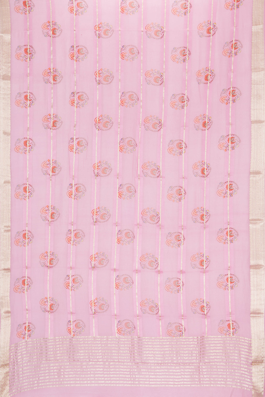 Flat view of Pink Dual Tone Mysore Georgette Saree with Printed design on the body and Zari Border. 