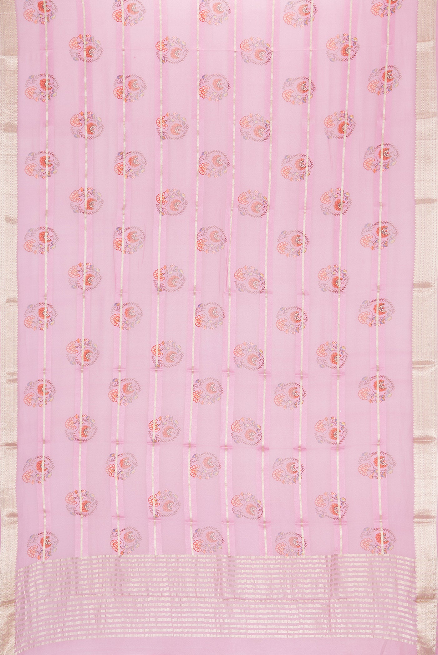 Flat view of Pink Dual Tone Mysore Georgette Saree with Printed design on the body and Zari Border. 