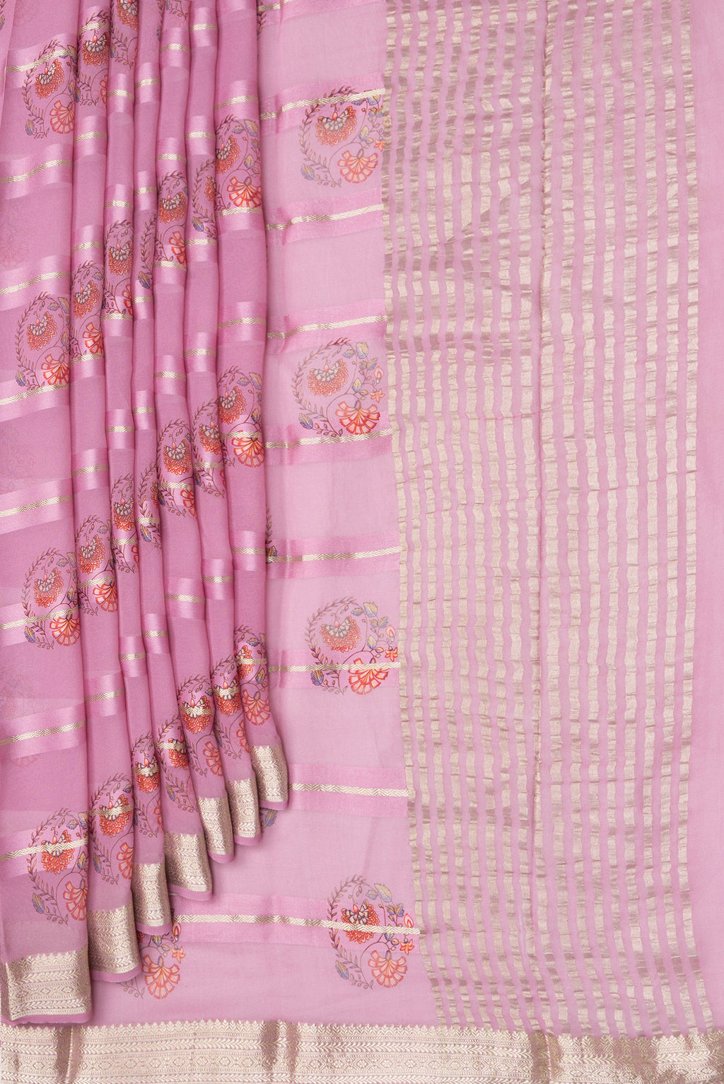 Pleats and pallu of Pink Dual Tone Mysore Georgette Saree with Printed design on the body and Zari Border. 
