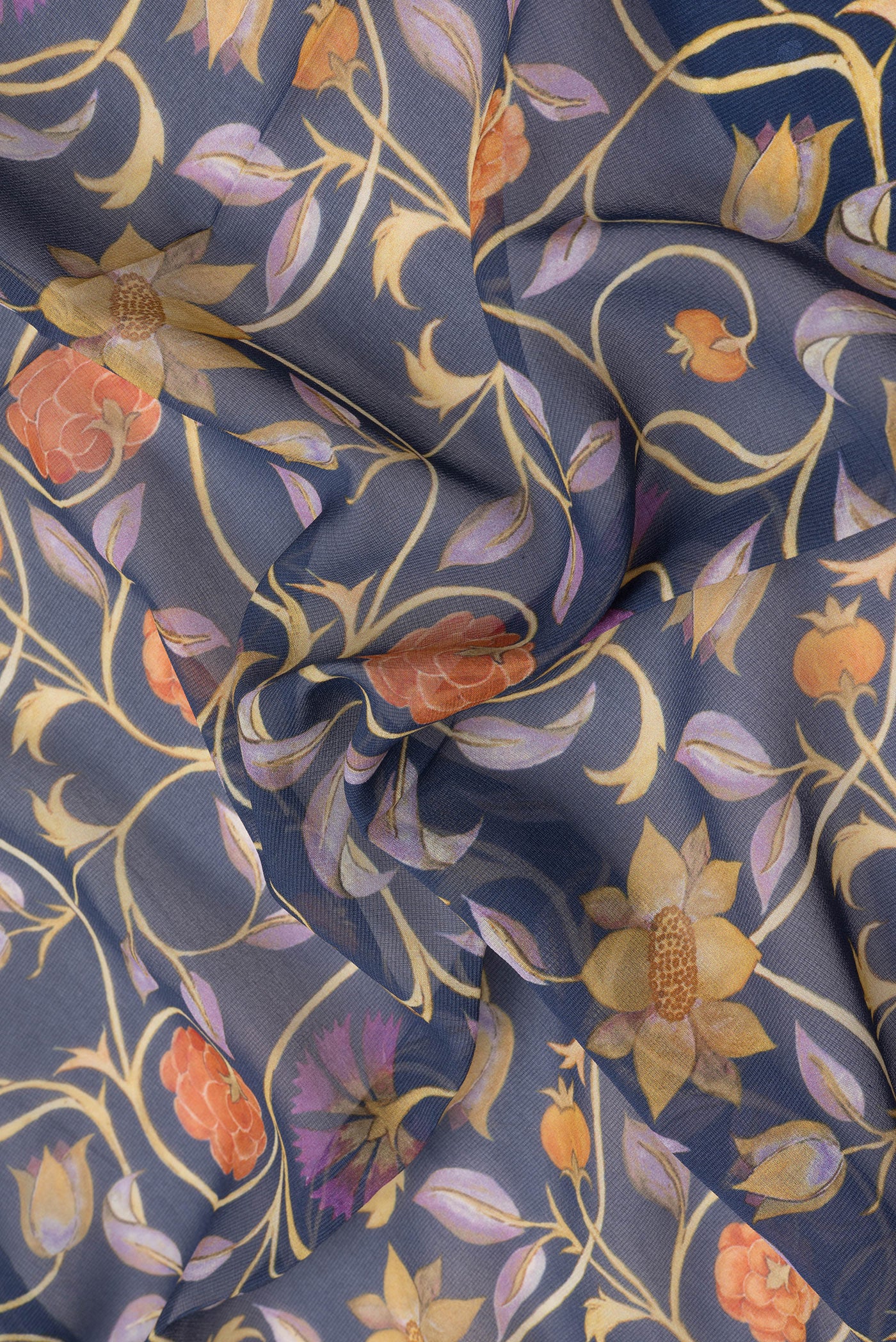 Close up of Navy Blue Dual Tone Mysore Crepe Saree with Printed design on the body and Thread Border.  displaying folds