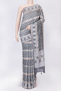 Grey Dual Tone Tussar Silk Saree with Printed design on the body and Embroidery Border displayed on a mannequin