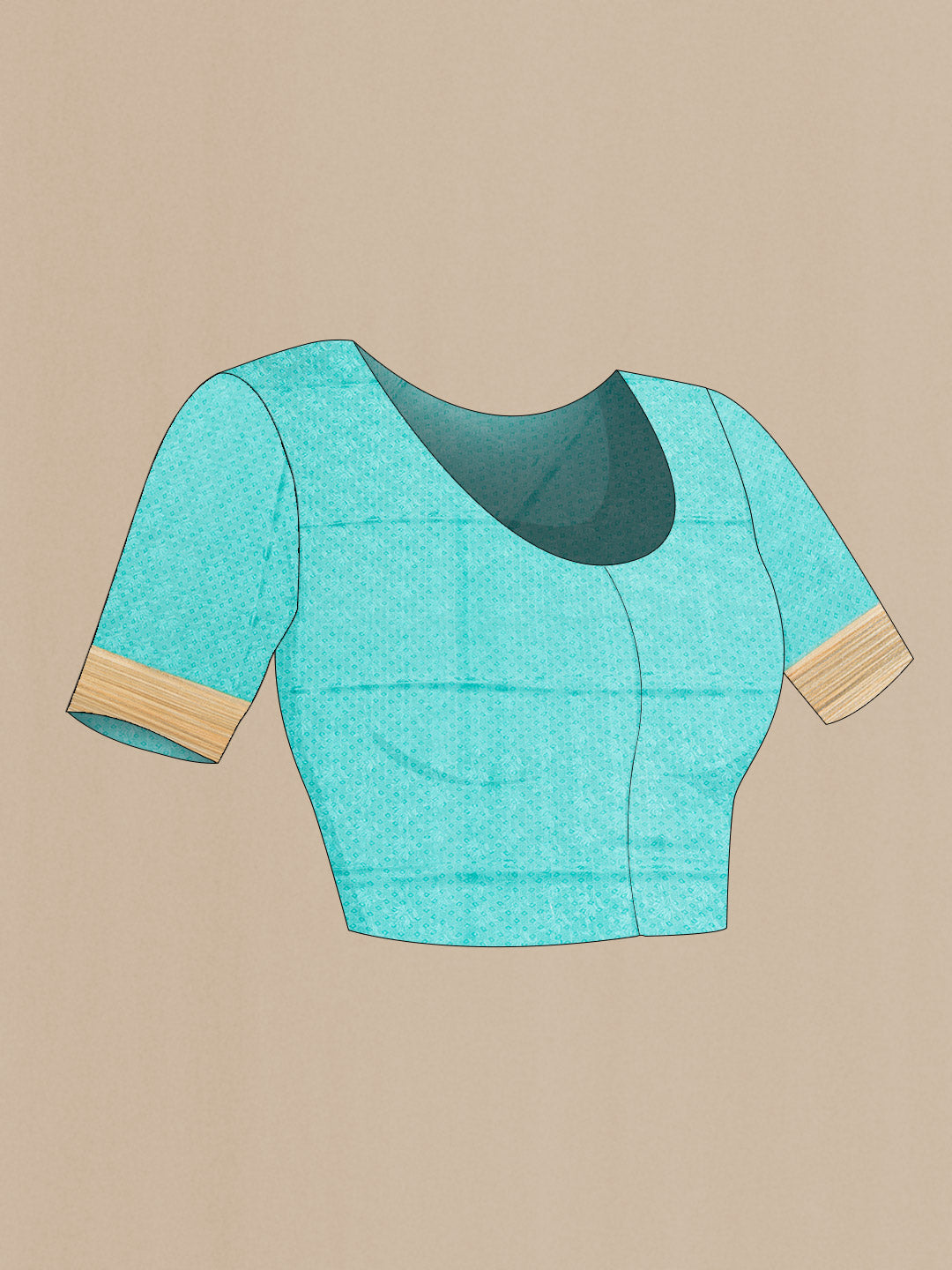 Close up image of the blouse of Sky Blue Dual Tone Mysore Crepe Saree with Printed design on the body and Zari Border. 