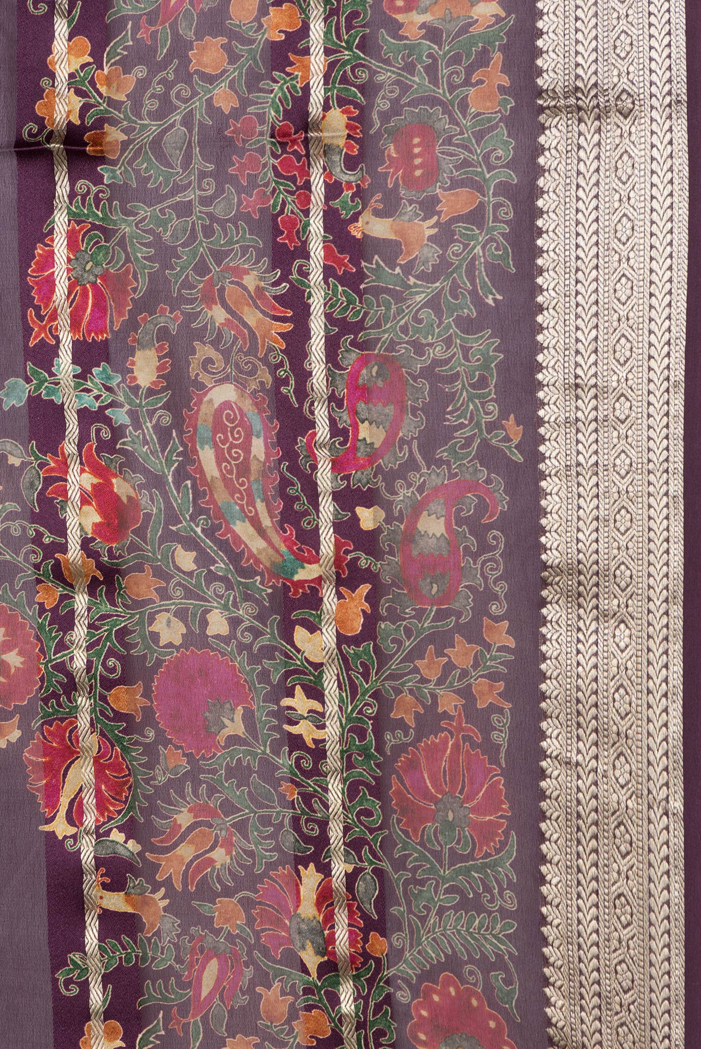 Border image of Burgundy Dual Tone Georgette Saree with Stripes on the body and Printed Border. 