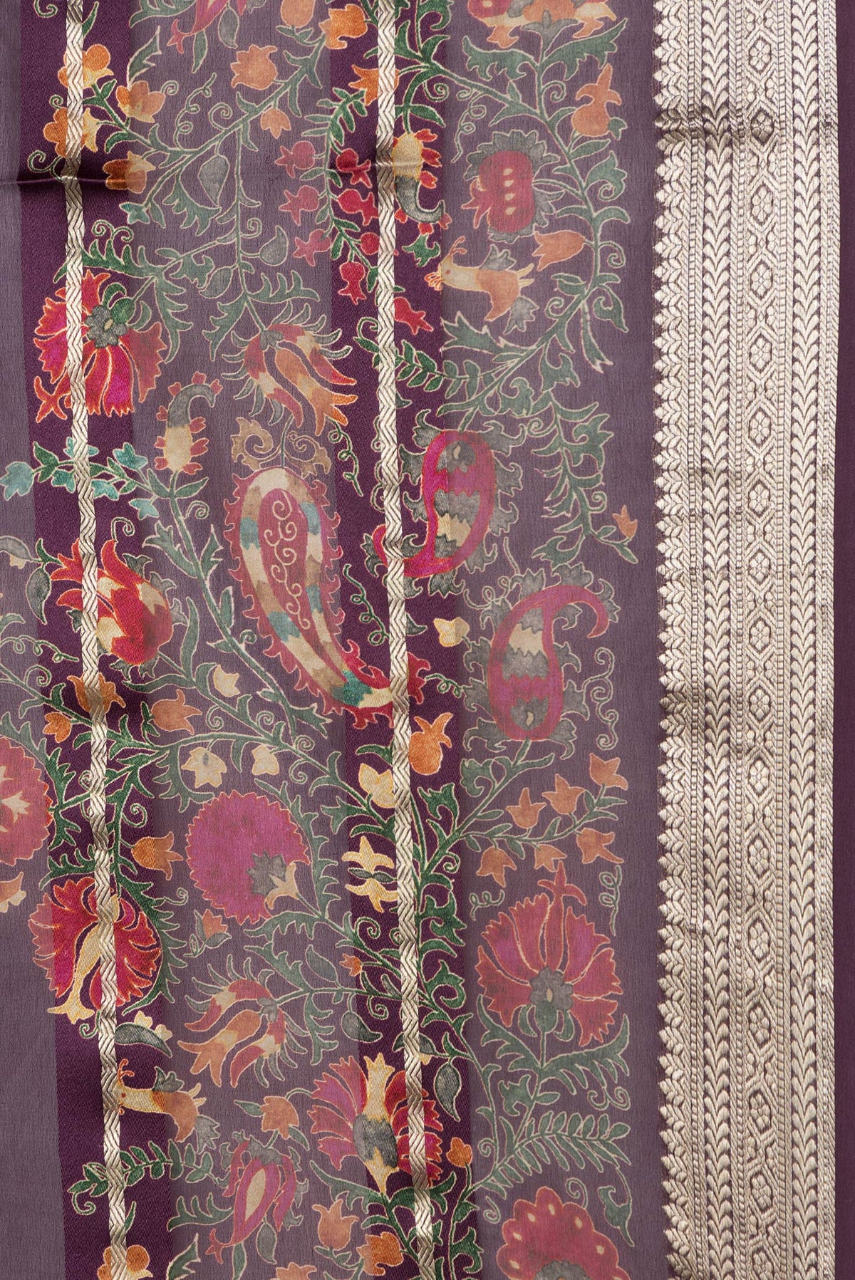 Border image of Burgundy Dual Tone Georgette Saree with Stripes on the body and Printed Border. 