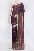 Burgundy Dual Tone Georgette Saree with Stripes on the body and Printed Border.  displayed on a mannequin
