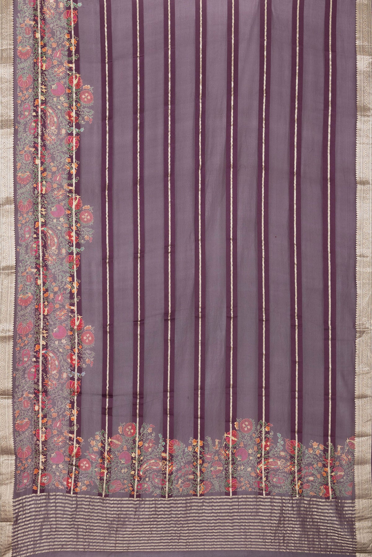 Flat view of Burgundy Dual Tone Georgette Saree with Stripes on the body and Printed Border. 