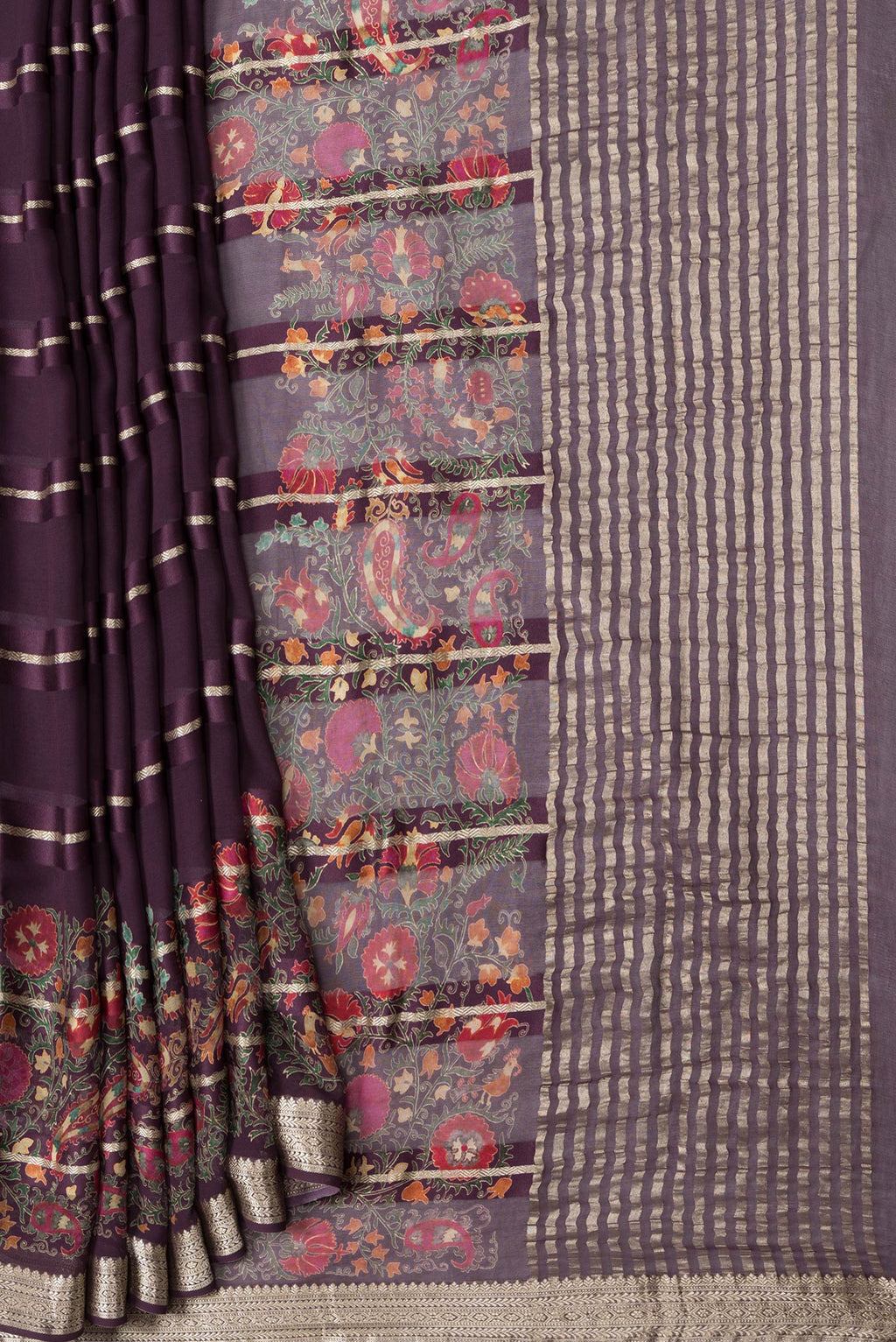 Pleats and pallu of Burgundy Dual Tone Georgette Saree with Stripes on the body and Printed Border. 