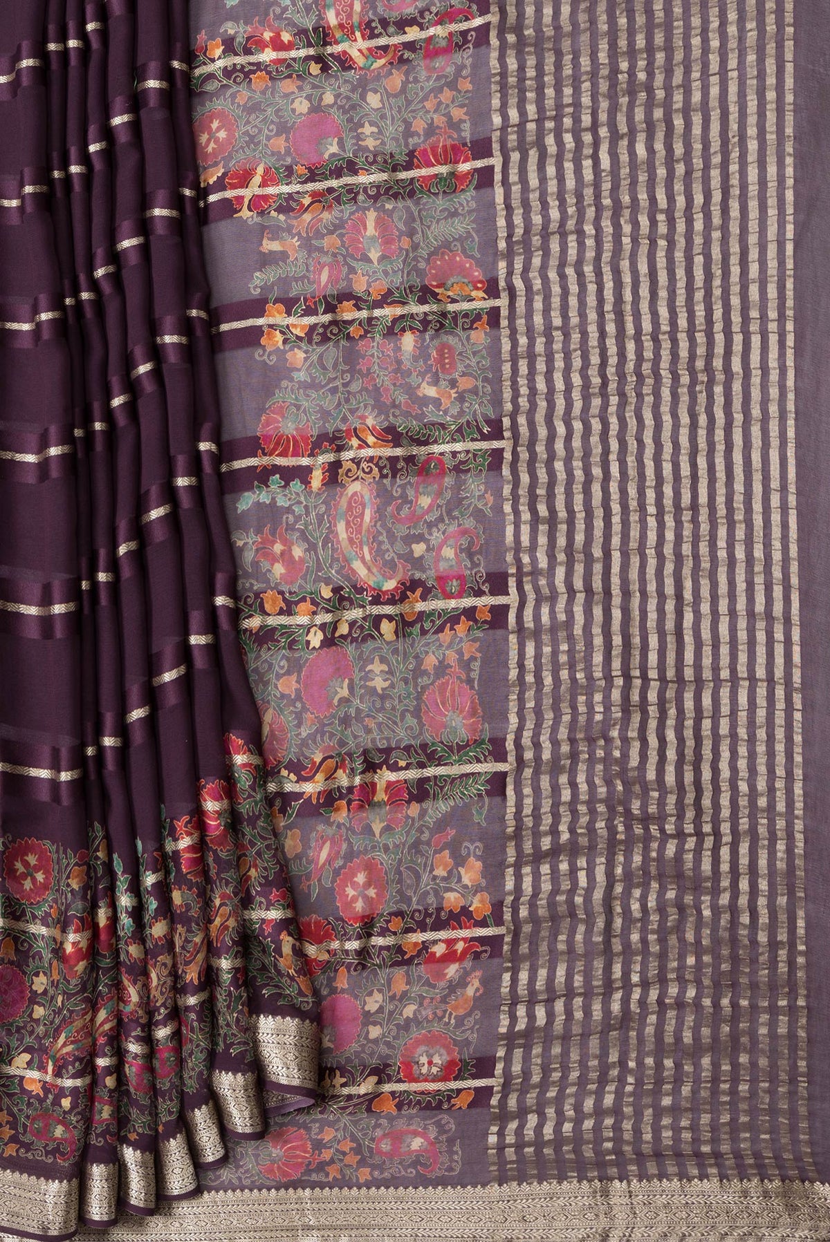 Pleats and pallu of Burgundy Dual Tone Georgette Saree with Stripes on the body and Printed Border. 