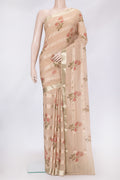 Peach Dual Tone Mysore Georgette Saree with Stripes on the body and Zari Border.  displayed on a mannequin