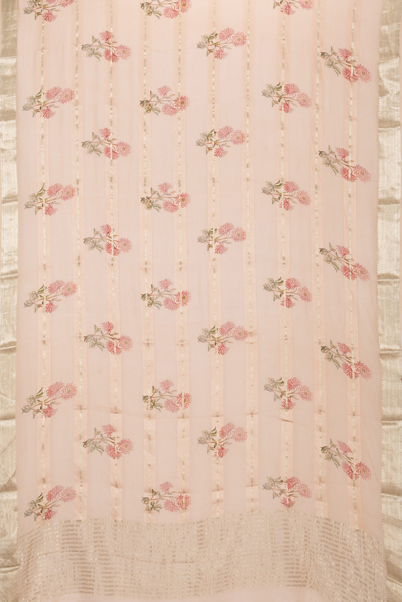 Flat view of Peach Dual Tone Mysore Georgette Saree with Stripes on the body and Zari Border. 