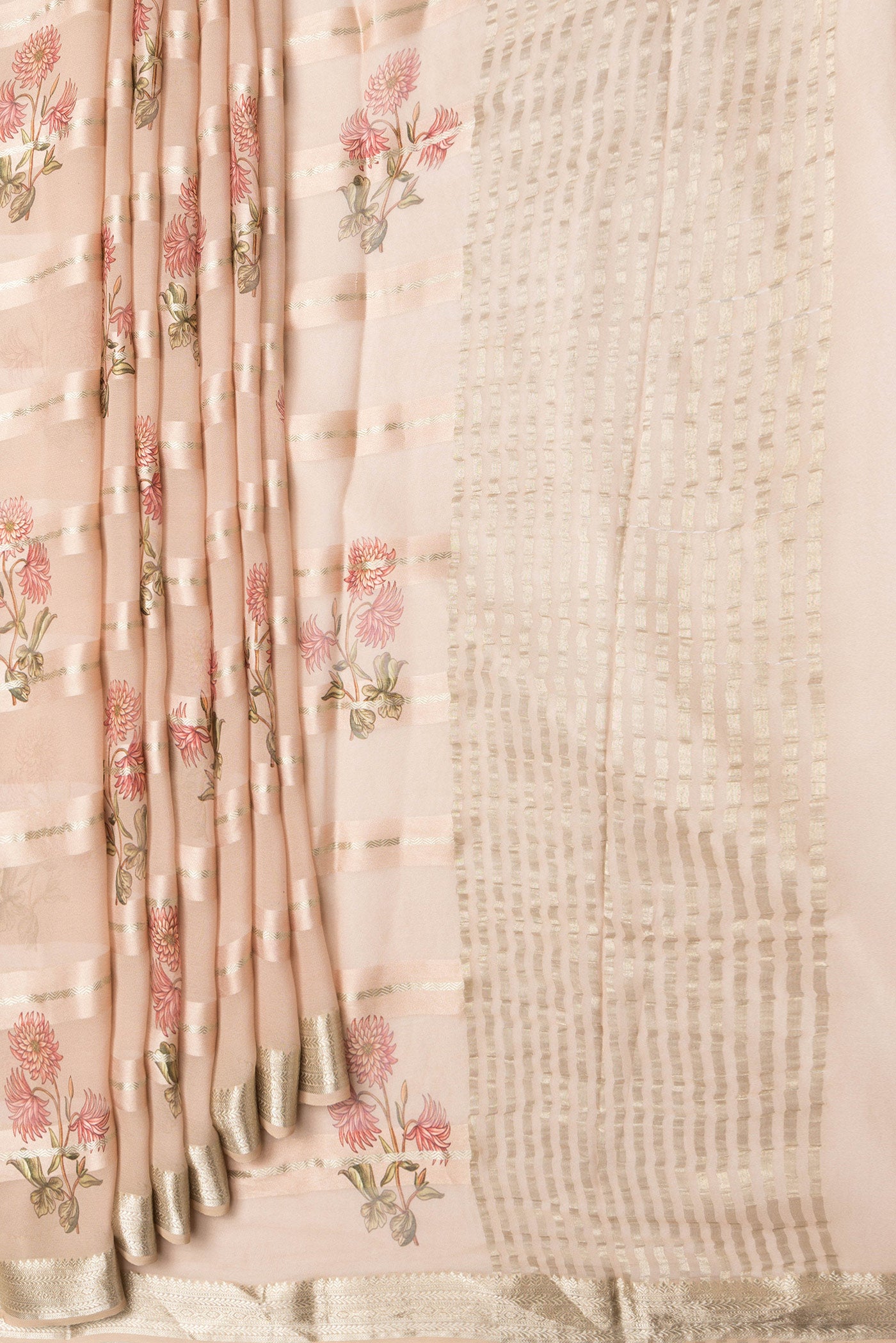 Pleats and pallu of Peach Dual Tone Mysore Georgette Saree with Stripes on the body and Zari Border. 