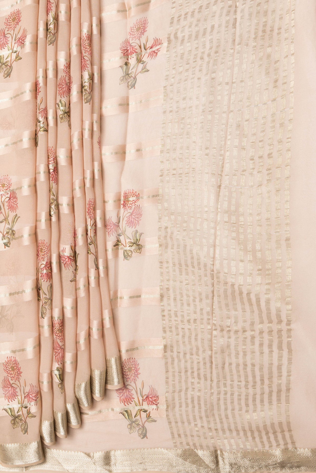 Pleats and pallu of Peach Dual Tone Mysore Georgette Saree with Stripes on the body and Zari Border. 