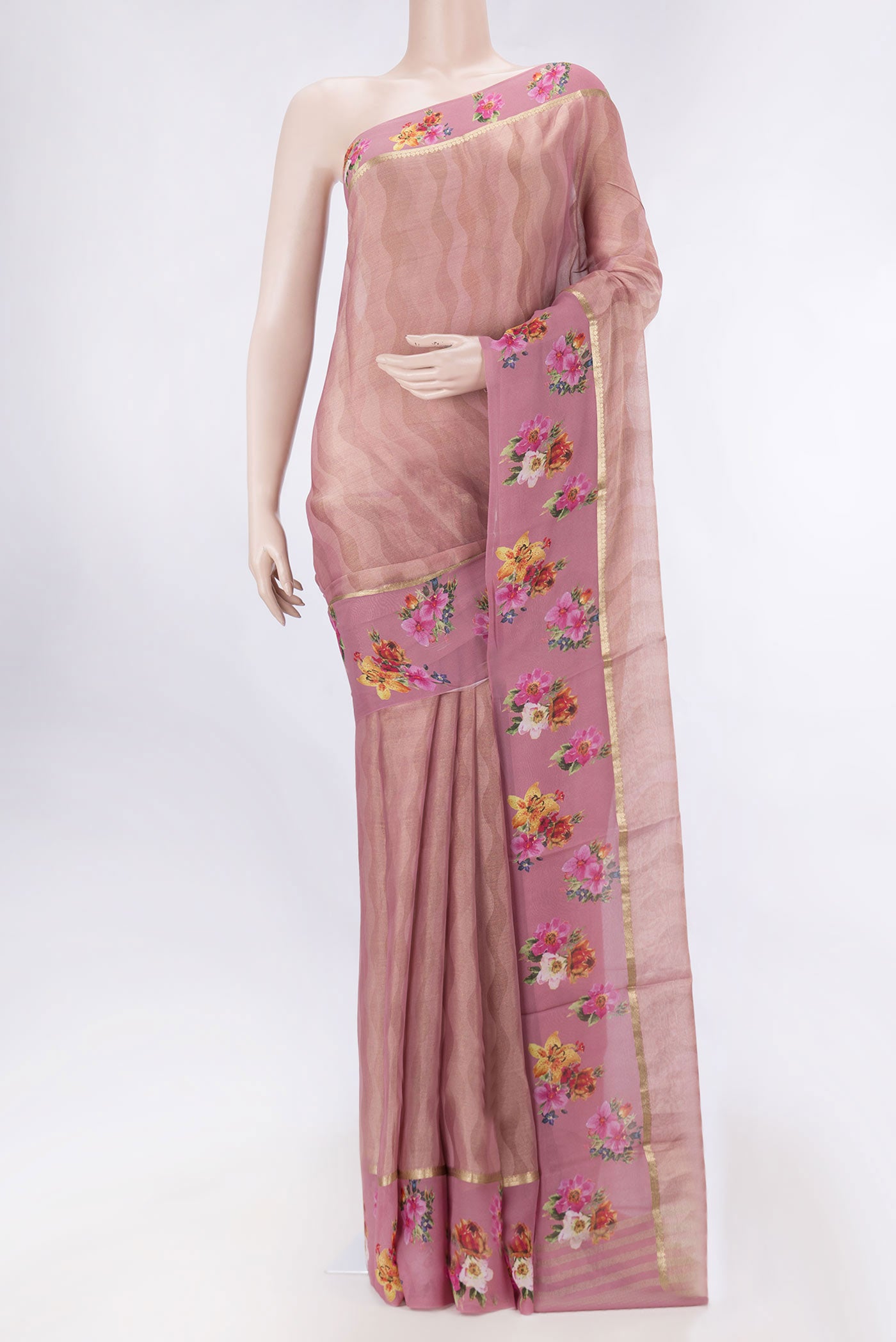 Pink Dual Tone Mysore Georgette Saree with Zari Brocade on the body and Zari Border displayed on a mannequin