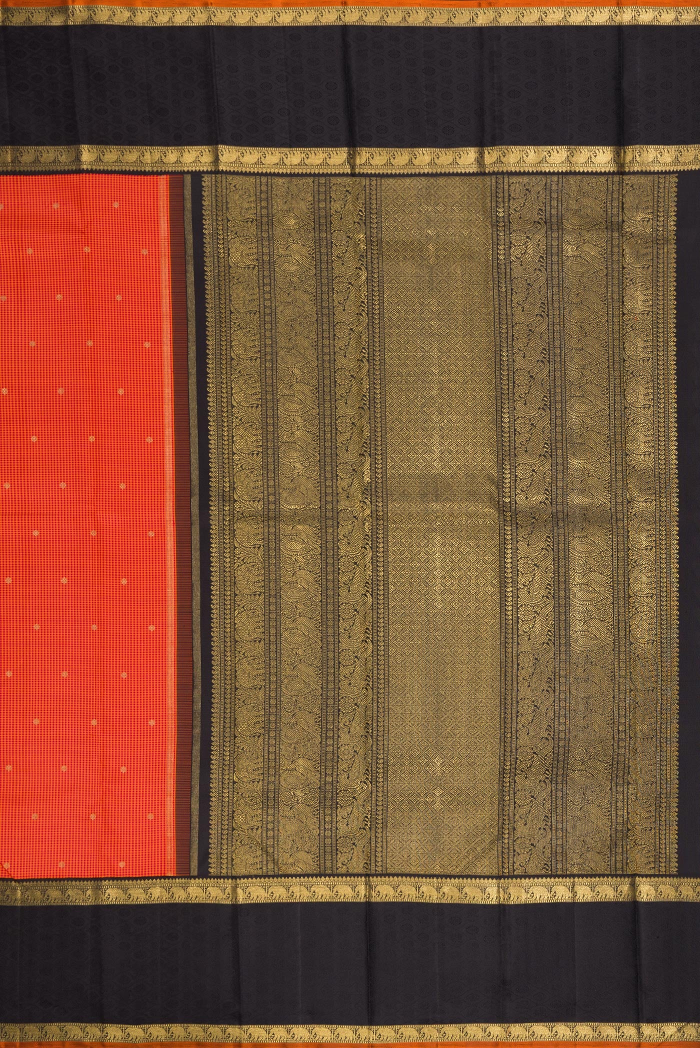 Close up image of the pallu of Pure Silk Pure Zari Orange Dual Tone Kanchipuram Saree with Checked design on the body and Zari Border. 