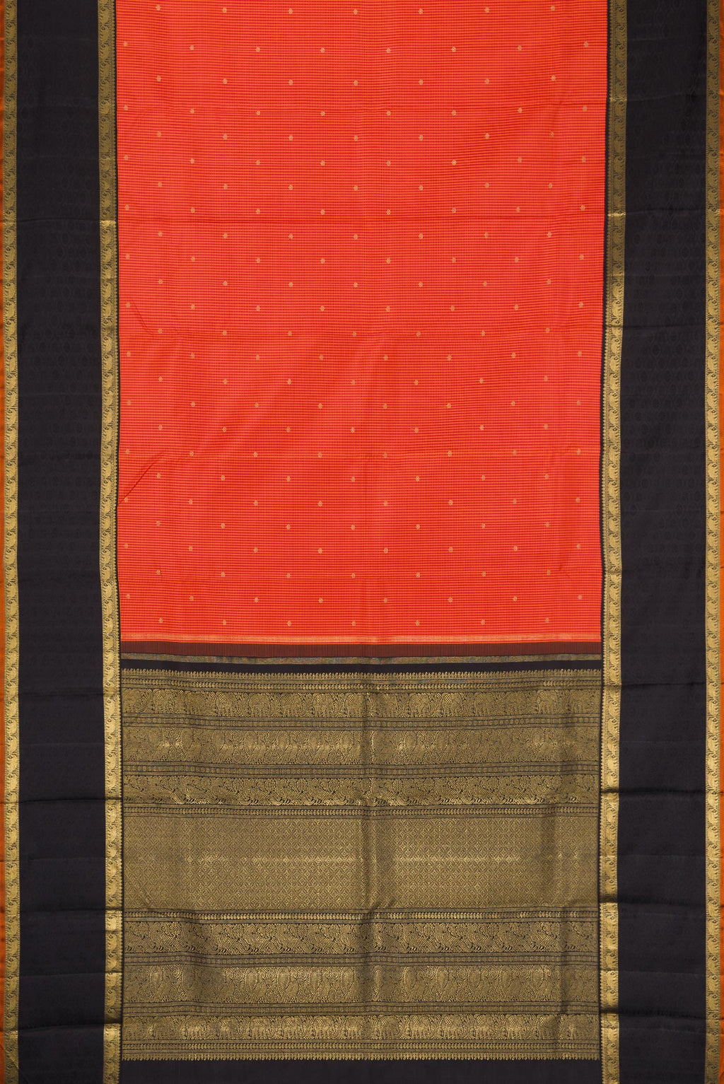 Flat view of Pure Silk Pure Zari Orange Dual Tone Kanchipuram Saree with Checked design on the body and Zari Border. 