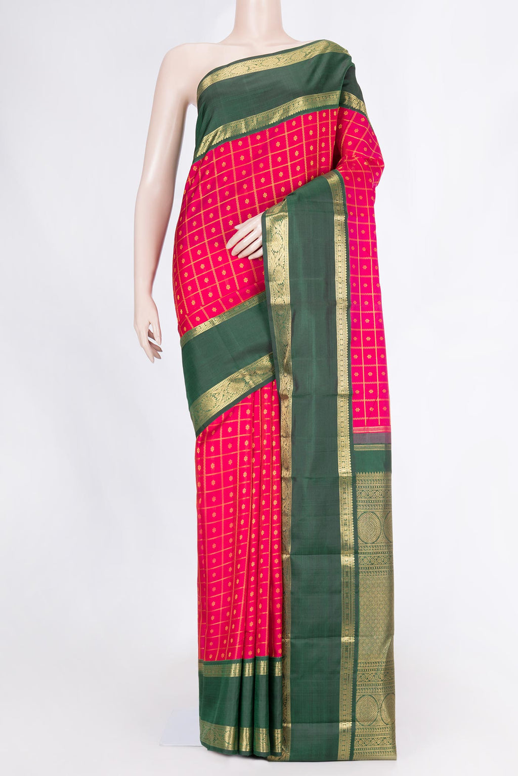 Pure Silk Pure Zari Pink Dual Tone Kanchipuram Saree with Thread Butta on the body and Zari Border displayed on a mannequin