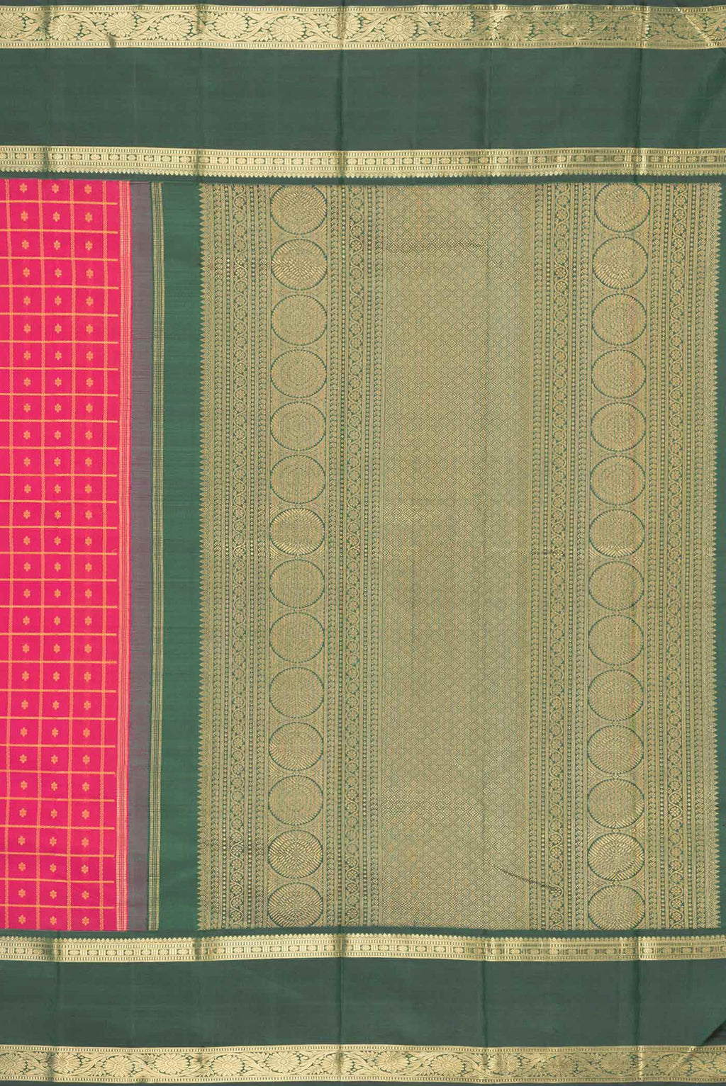 Close up image of the pallu of Pure Silk Pure Zari Pink Dual Tone Kanchipuram Saree with Thread Butta on the body and Zari Border
