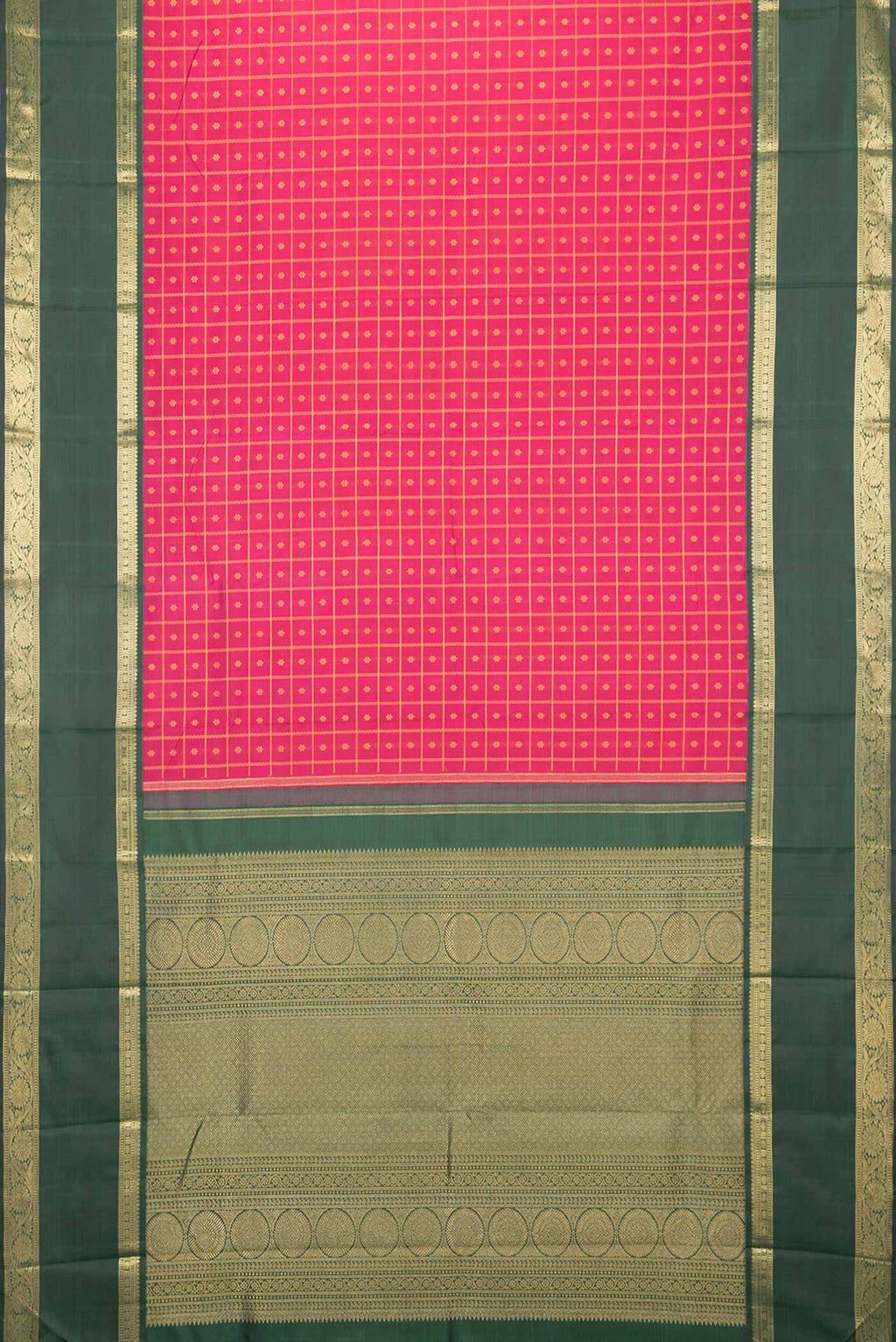 Flat view of Pure Silk Pure Zari Pink Dual Tone Kanchipuram Saree with Thread Butta on the body and Zari Border