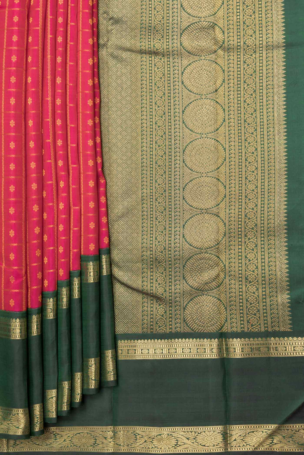 Pleats and pallu of Pure Silk Pure Zari Pink Dual Tone Kanchipuram Saree with Thread Butta on the body and Zari Border