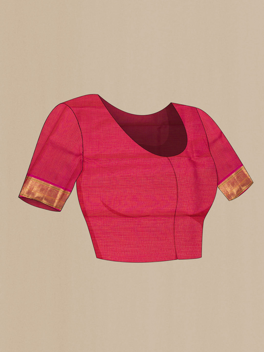 Close up image of the blouse of Pure Silk Pure Zari White Dual Tone Kanchipuram Saree with Checked design on the body and Zari Border