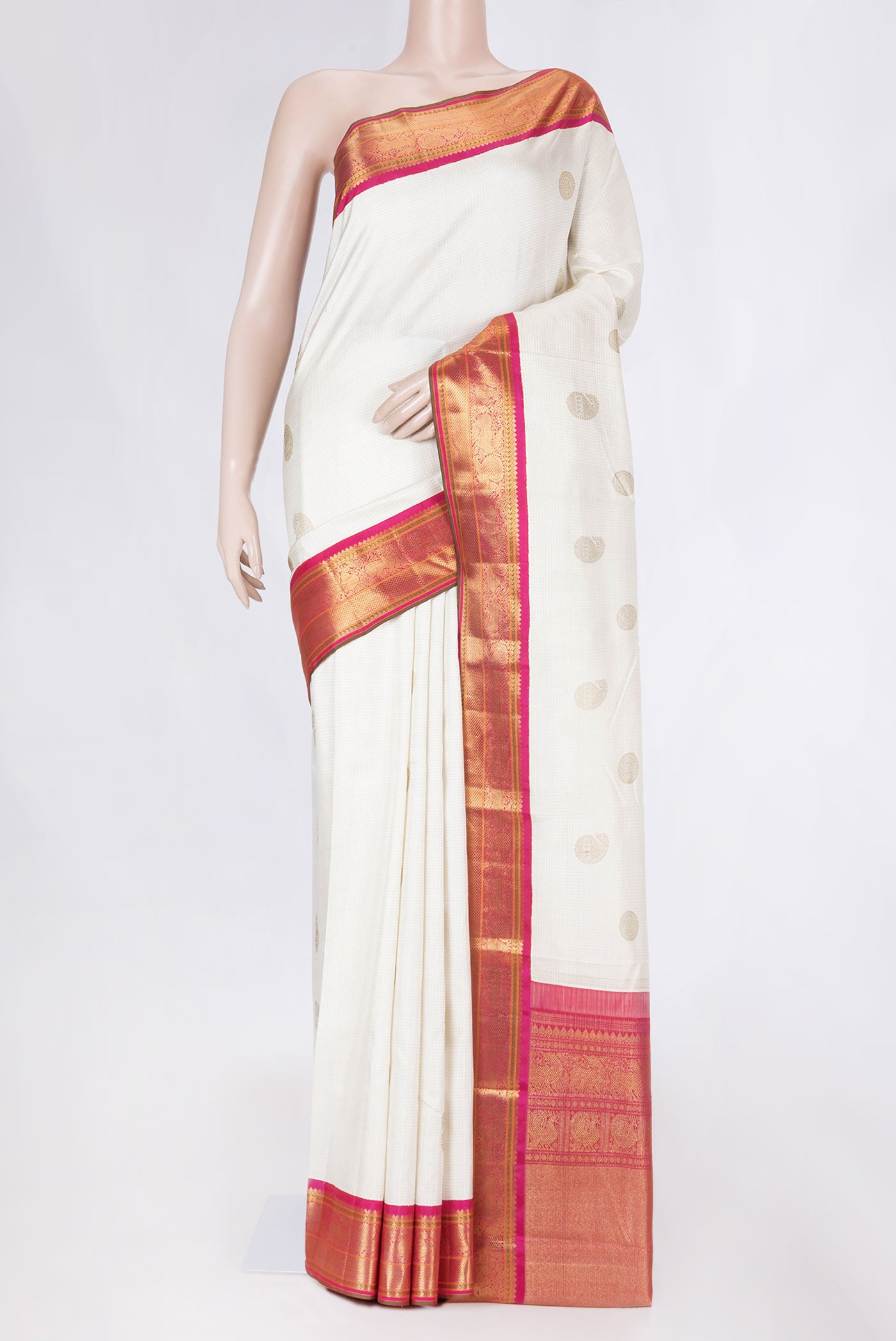 Pure Silk Pure Zari White Dual Tone Kanchipuram Saree with Checked design on the body and Zari Border displayed on a mannequin
