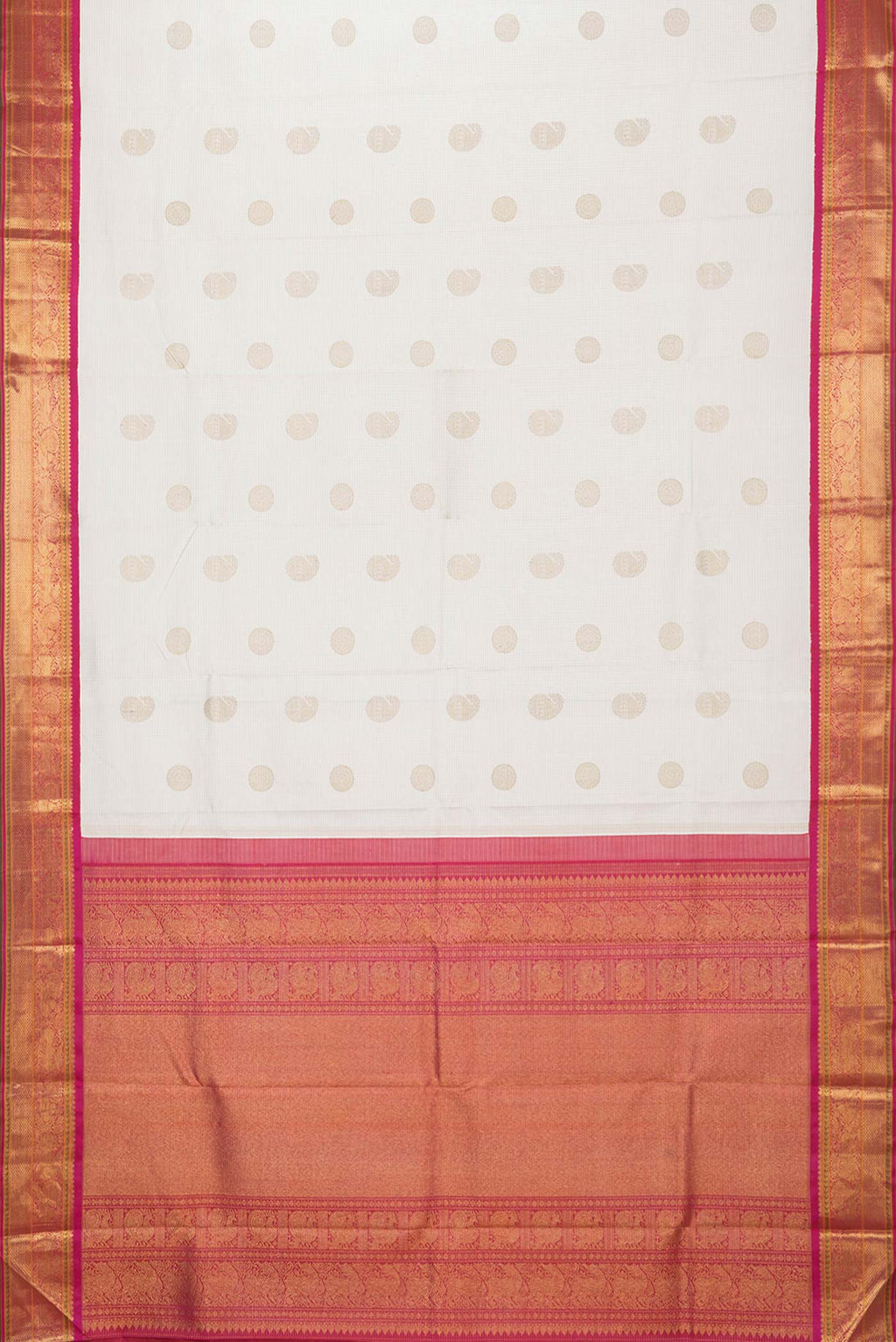 Flat view of Pure Silk Pure Zari White Dual Tone Kanchipuram Saree with Checked design on the body and Zari Border
