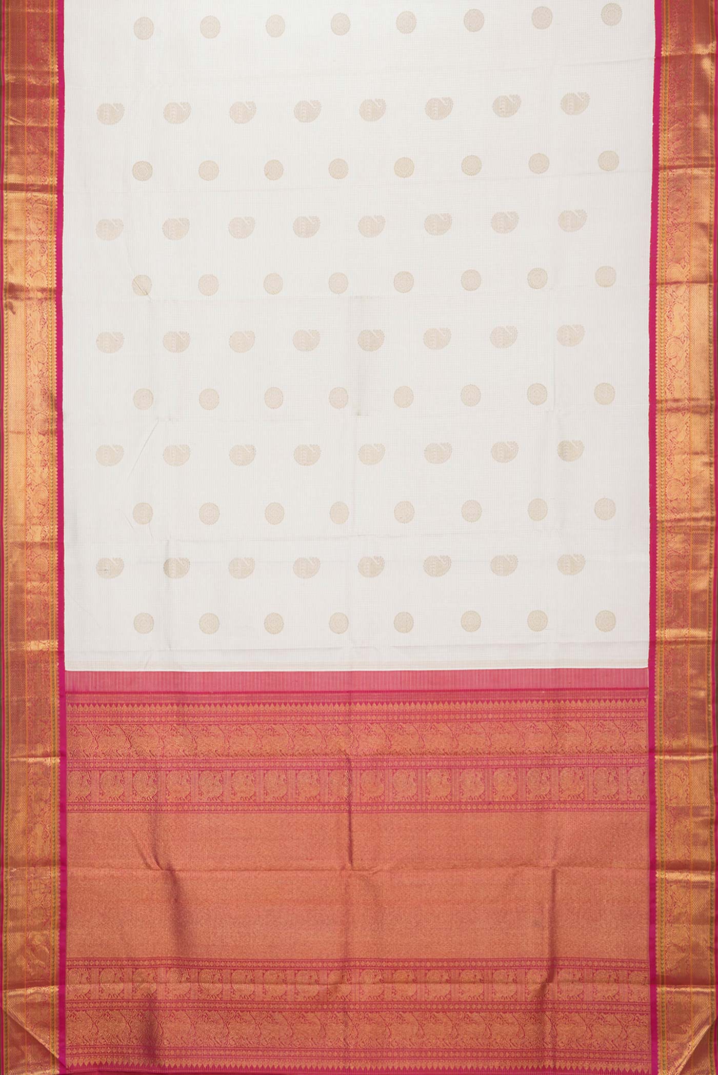 Flat view of Pure Silk Pure Zari White Dual Tone Kanchipuram Saree with Checked design on the body and Zari Border