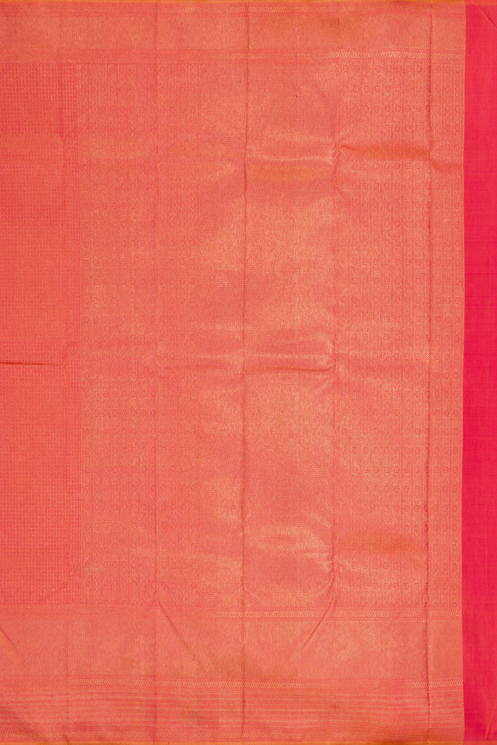 Close up image of the pallu of Brick Orange Dual Tone Kanjivaram Silk Saree with Zari Brocade on the body and Fancy Border. 