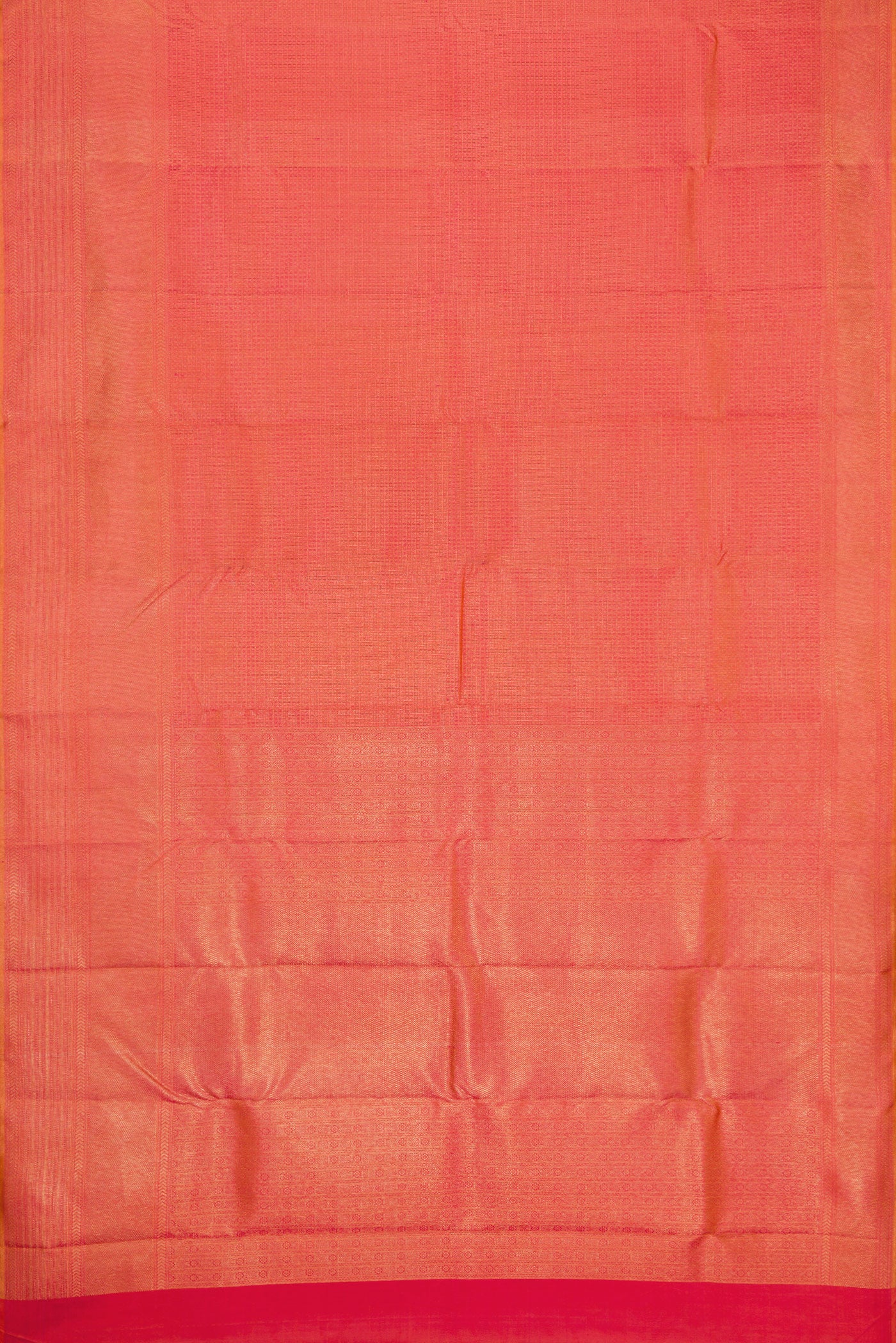 Flat view of Brick Orange Dual Tone Kanjivaram Silk Saree with Zari Brocade on the body and Fancy Border. 