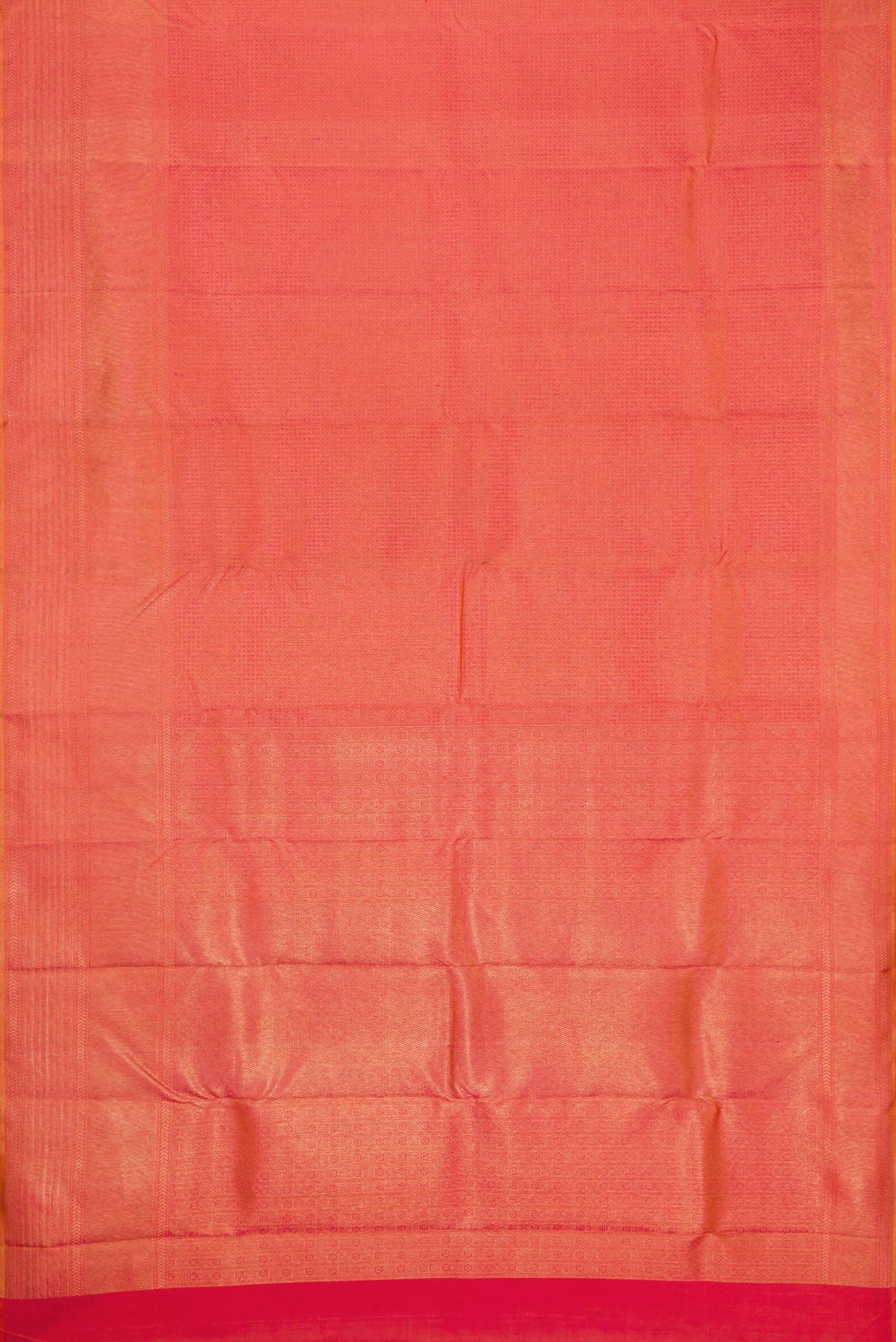 Flat view of Brick Orange Dual Tone Kanjivaram Silk Saree with Zari Brocade on the body and Fancy Border. 