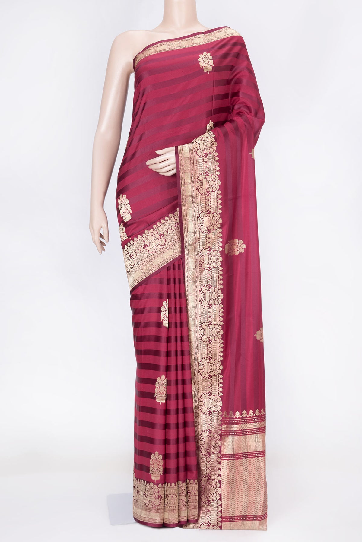Pink Dual Tone Banarasi Saree with Zari Butta on the body and Zari Border displayed on a mannequin