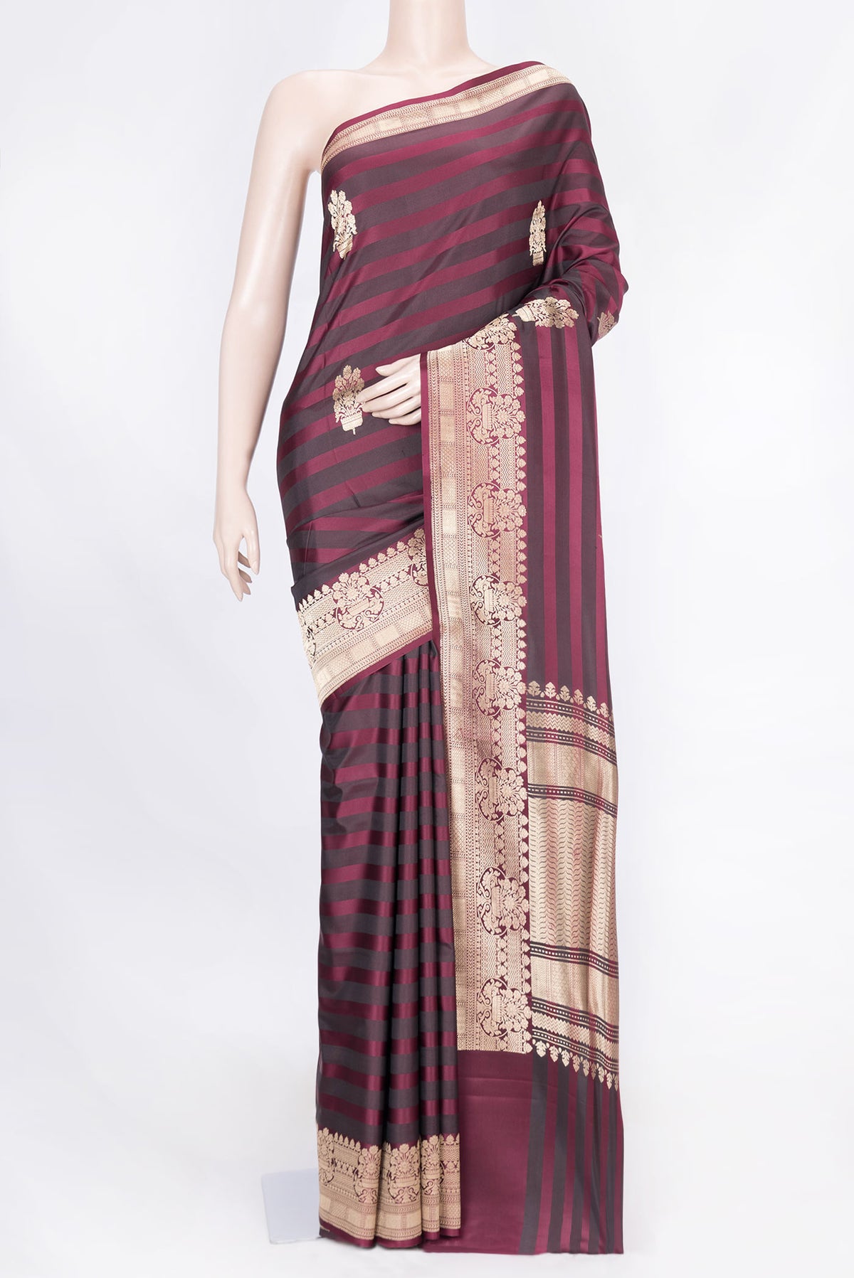 Maroon Dual Tone Banarasi Saree with Zari Butta on the body and Zari Border displayed on a mannequin