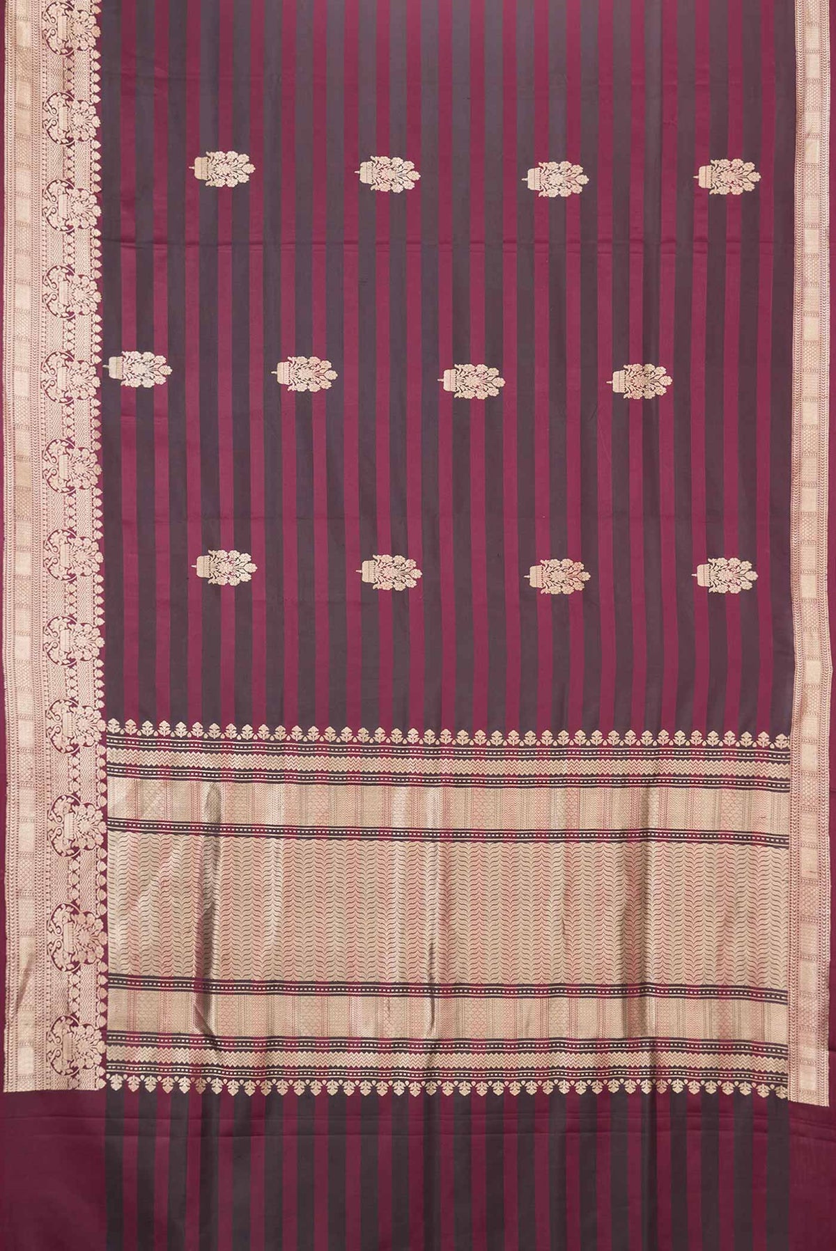 Flat view of Maroon Dual Tone Banarasi Saree with Zari Butta on the body and Zari Border