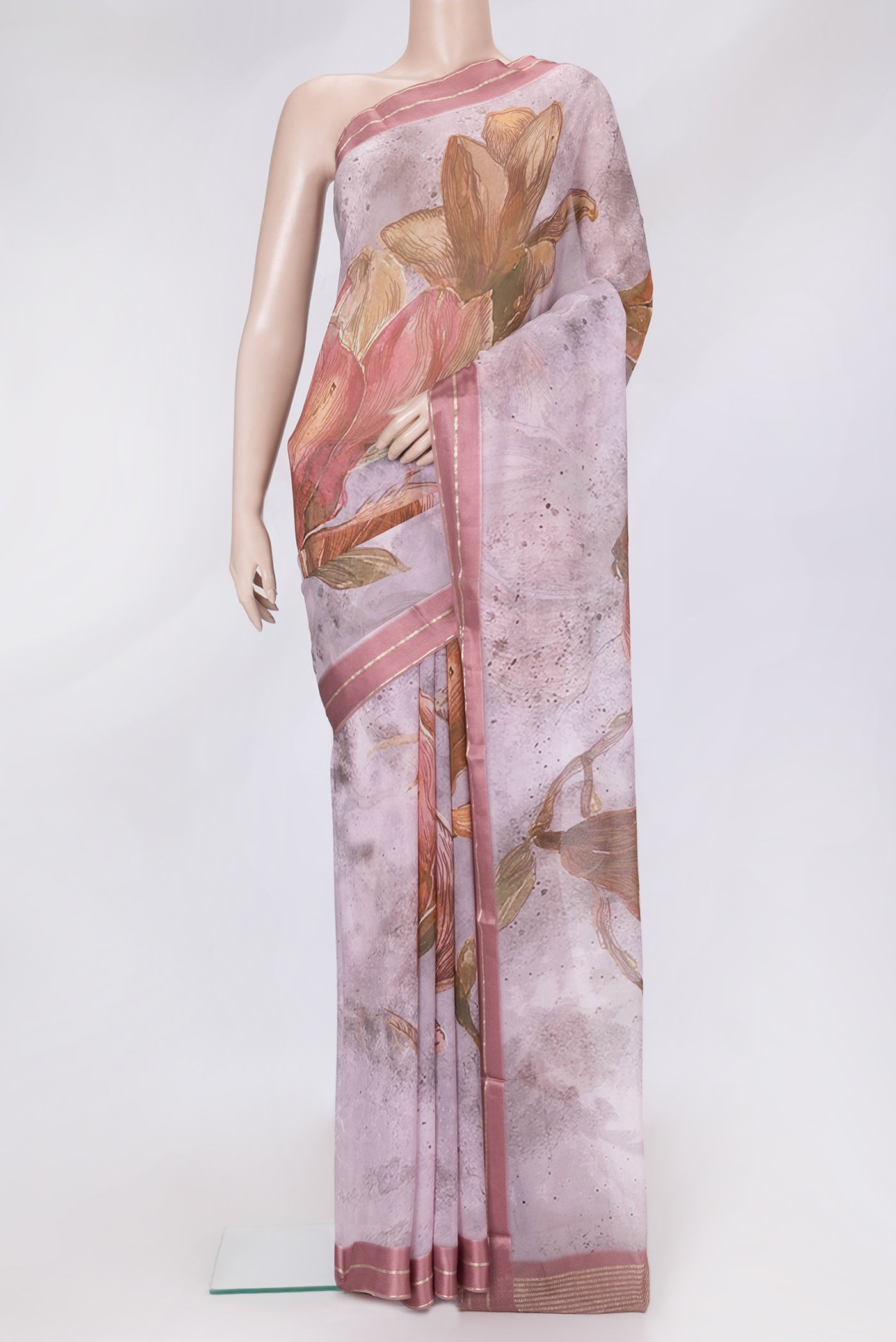 Pink Dual Tone Mysore Chiffon Saree with Printed design on the body and Zari Border.  displayed on a mannequin