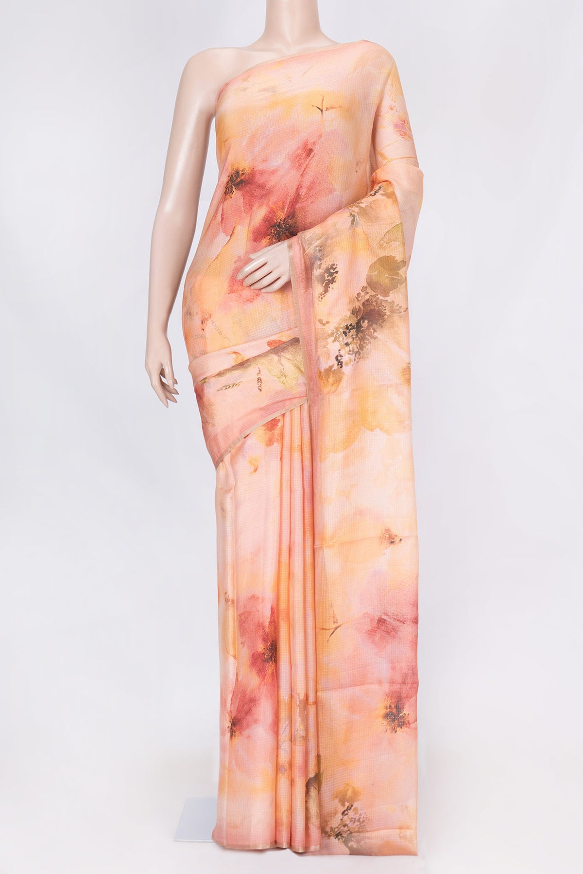 Pink Dual Tone Blended Kota Silk Saree with Printed design on the body and Zari Border displayed on a mannequin
