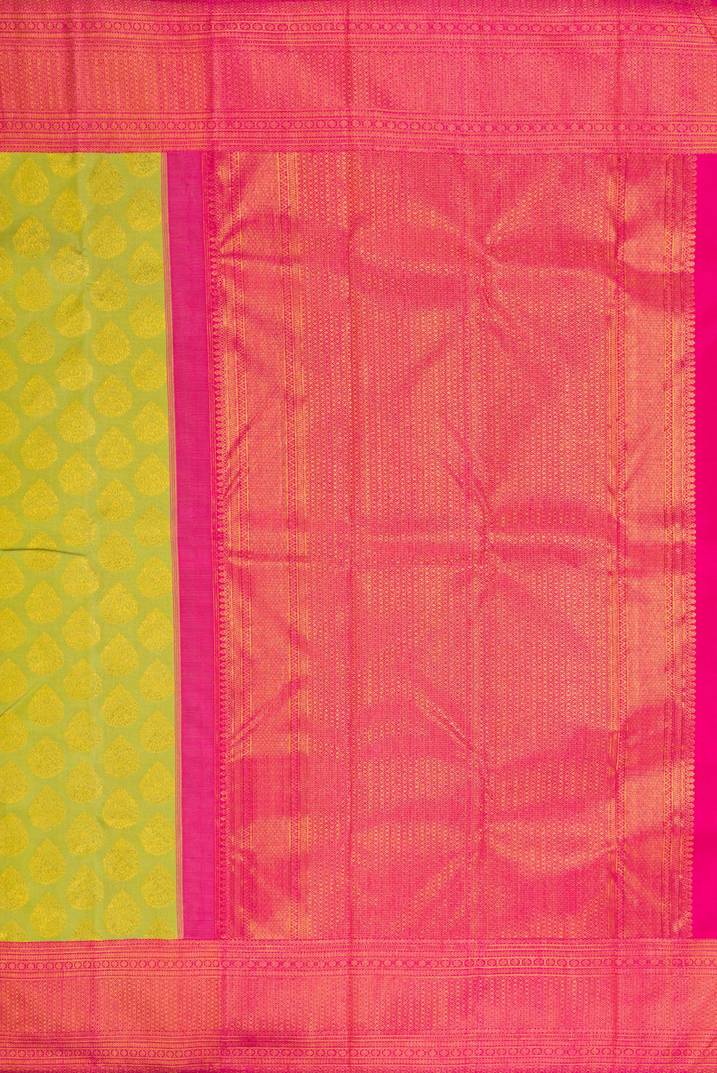 Close up image of the pallu of Parrot Green Dual Tone Kanjivaram Silk Saree with Zari Butta on the body and Zari Border. 