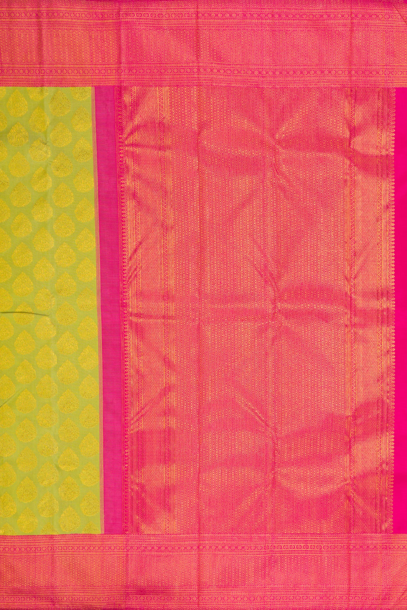Close up image of the pallu of Parrot Green Dual Tone Kanjivaram Silk Saree with Zari Butta on the body and Zari Border. 