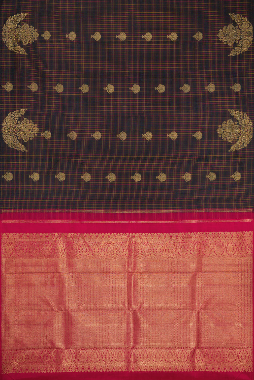 Flat view of Brown Dual Tone Kanchipuram Silk Saree with Checked design on the body and Fancy Border. 