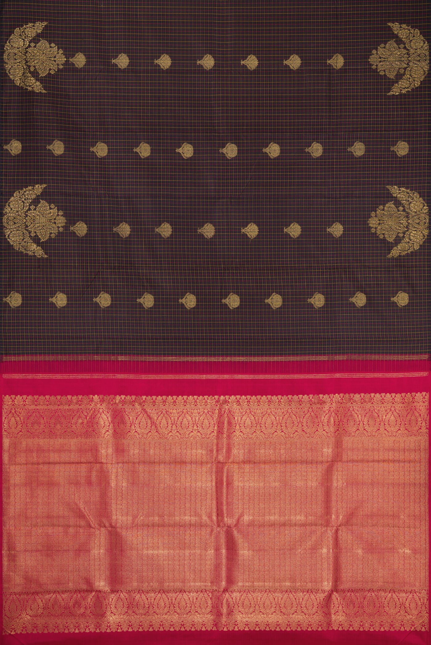 Flat view of Brown Dual Tone Kanchipuram Silk Saree with Checked design on the body and Fancy Border. 
