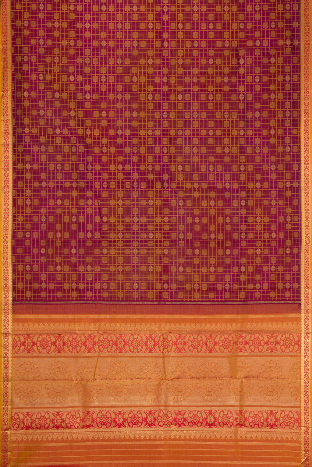 Flat view of Maroon Dual Tone Kanchipuram Silk Saree with Jacquard design on the body and Zari Border. 