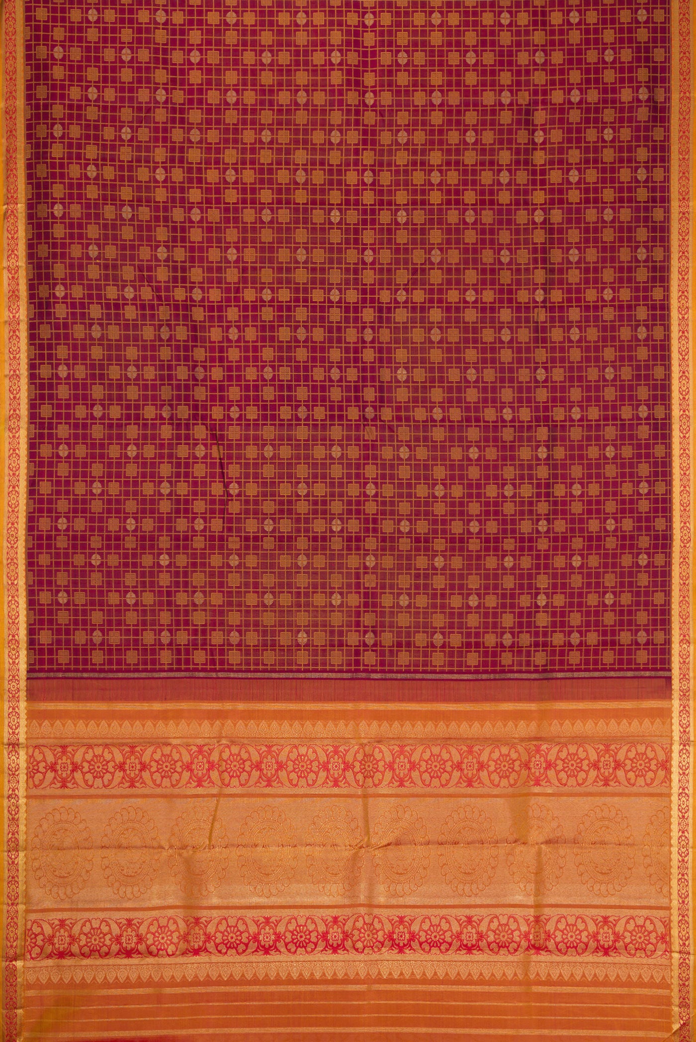 Flat view of Maroon Dual Tone Kanchipuram Silk Saree with Jacquard design on the body and Zari Border. 