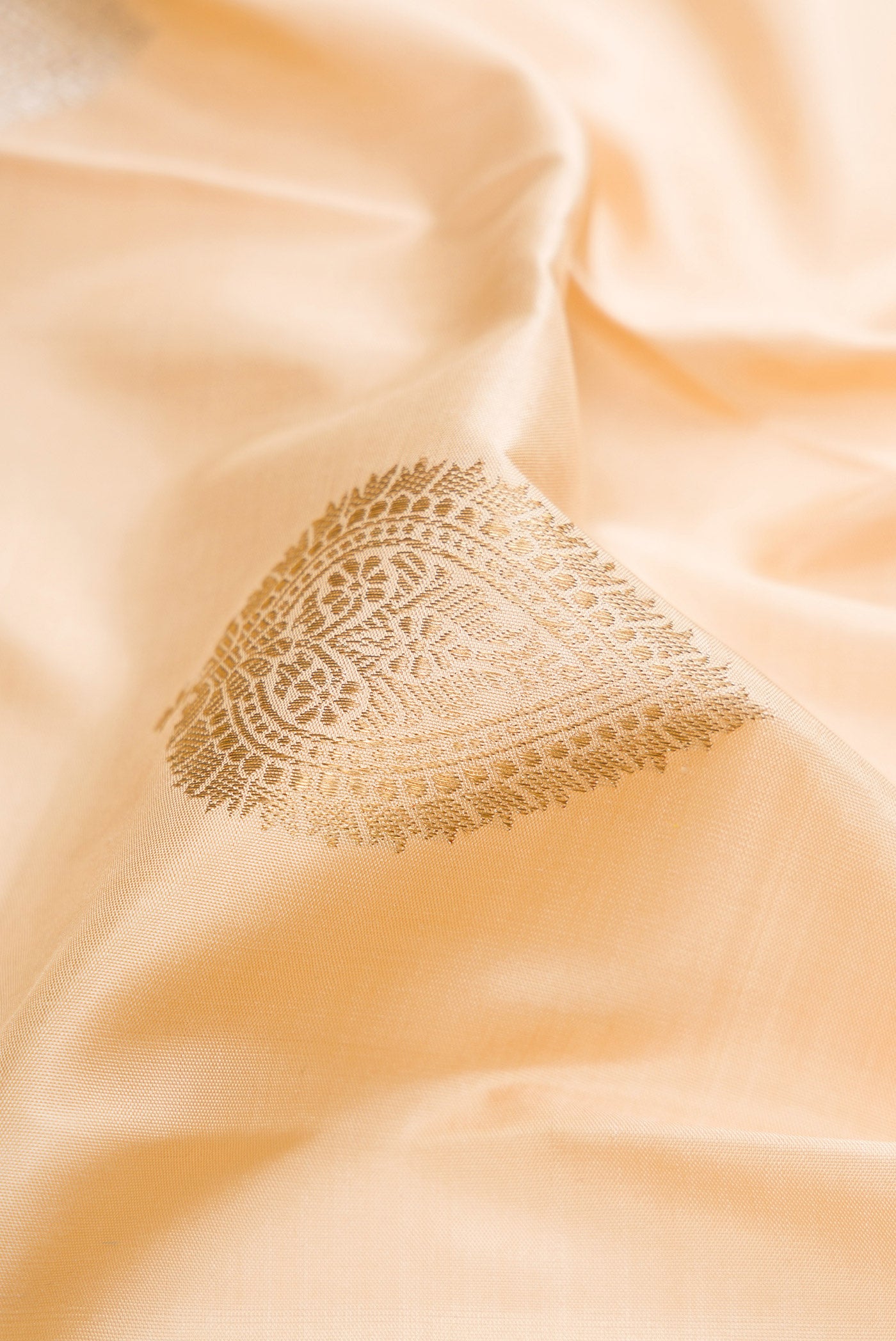 Close up of Pure Silk Pure Zari Beige Kanchipuram Saree with Zari Butta on the body and Zari Border.  displaying folds