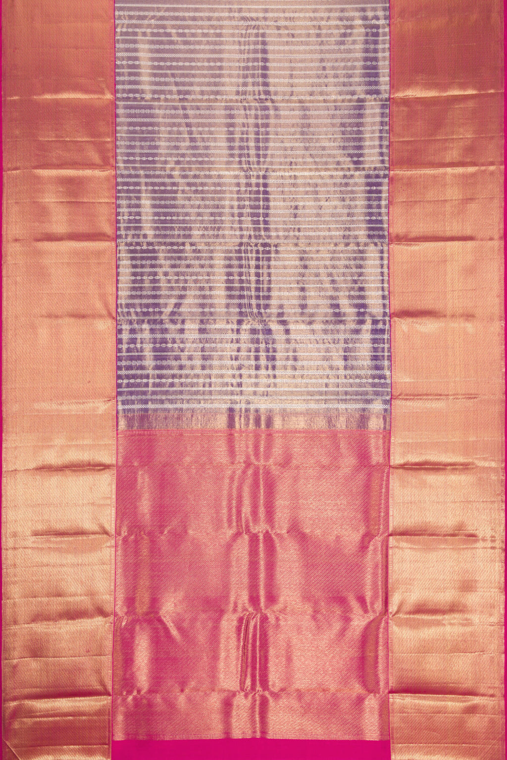 Flat view of Purple Dual Tone Kanjivaram Tissue Silk Saree with Zari Brocade on the body and Zari Border. 