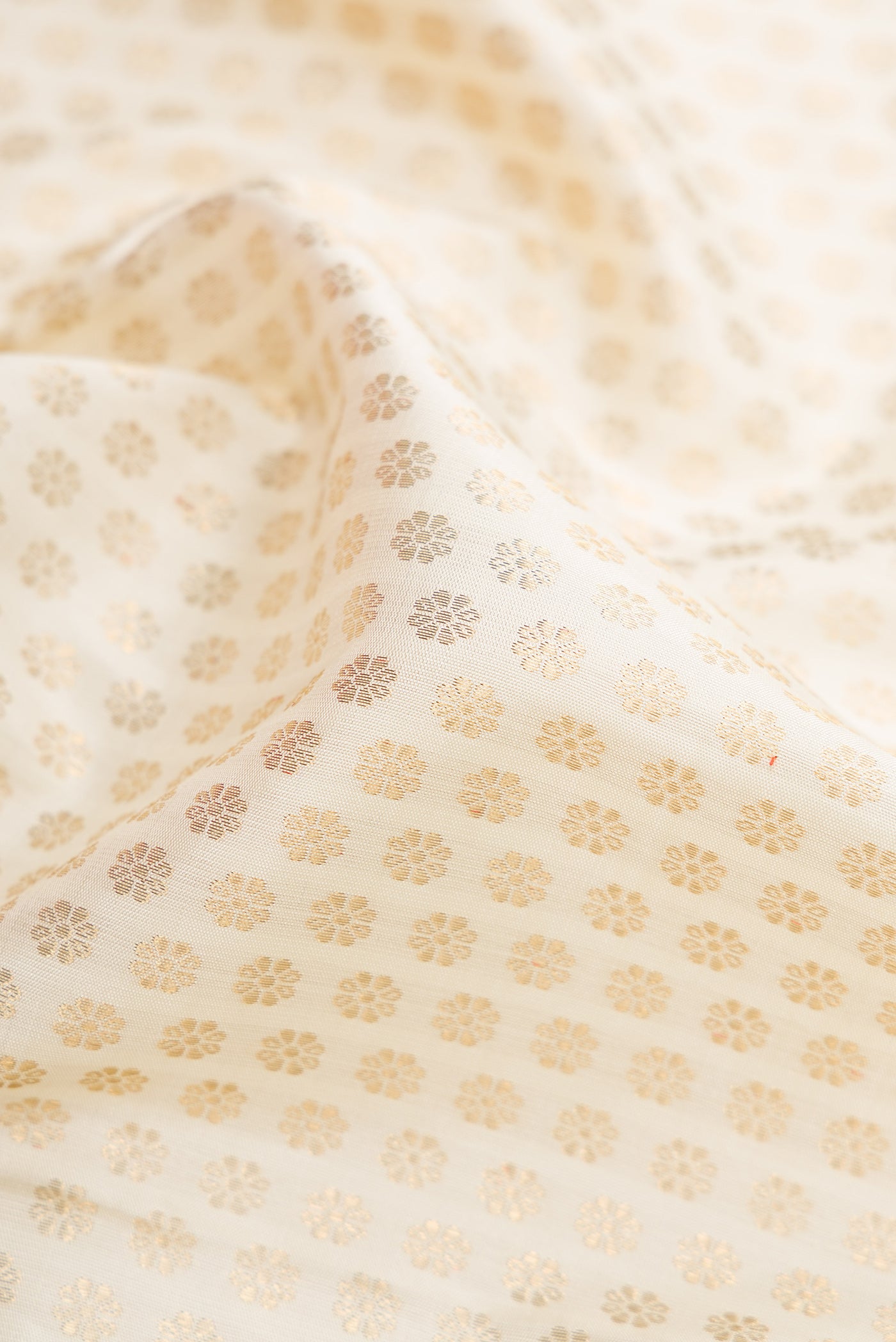 Close up of Pure Silk Pure Zari Off White Dual Tone Kanjivaram Saree with Zari Brocade on the body and Zari Border.  displaying folds