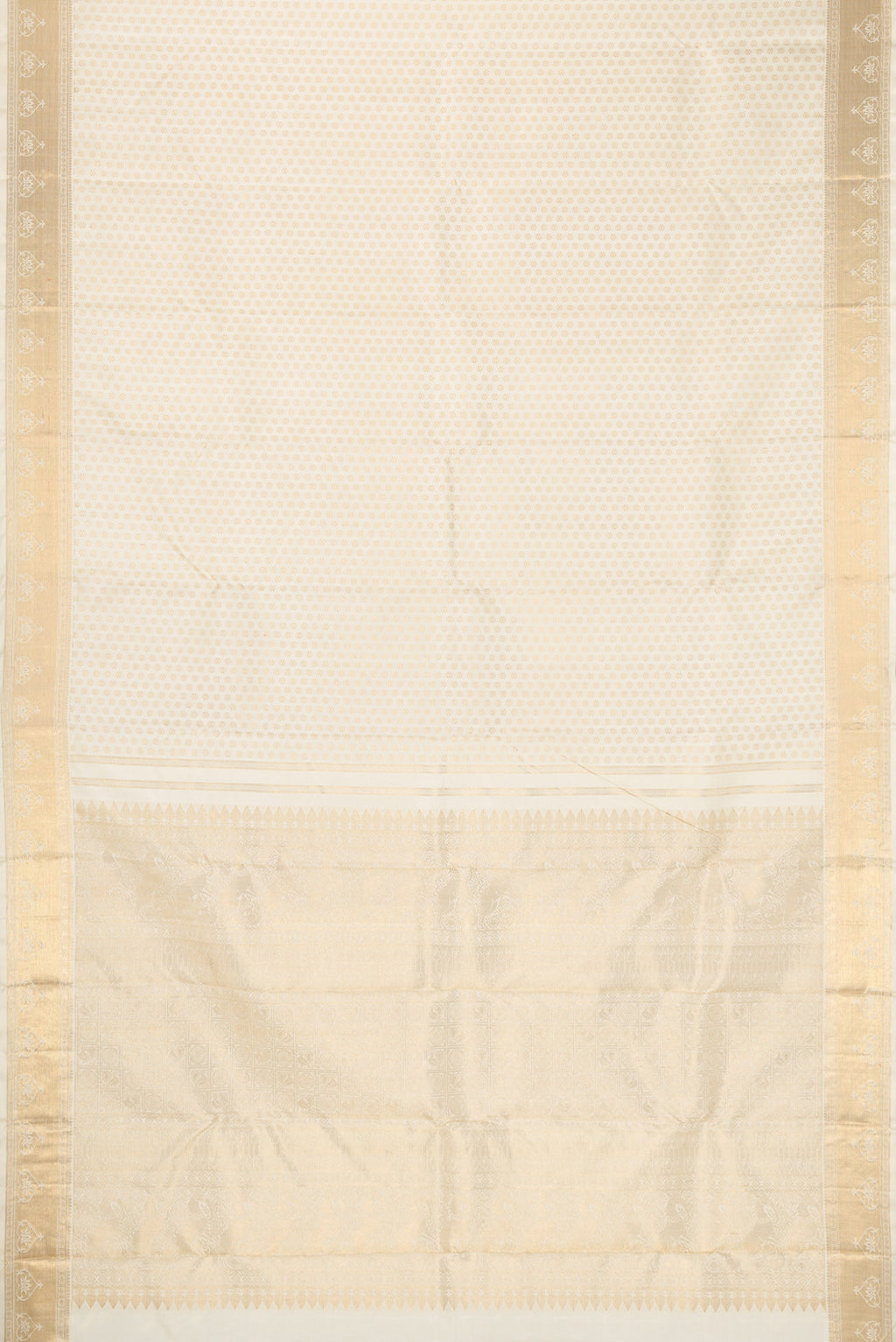 Flat view of Pure Silk Pure Zari Off White Dual Tone Kanjivaram Saree with Zari Brocade on the body and Zari Border. 