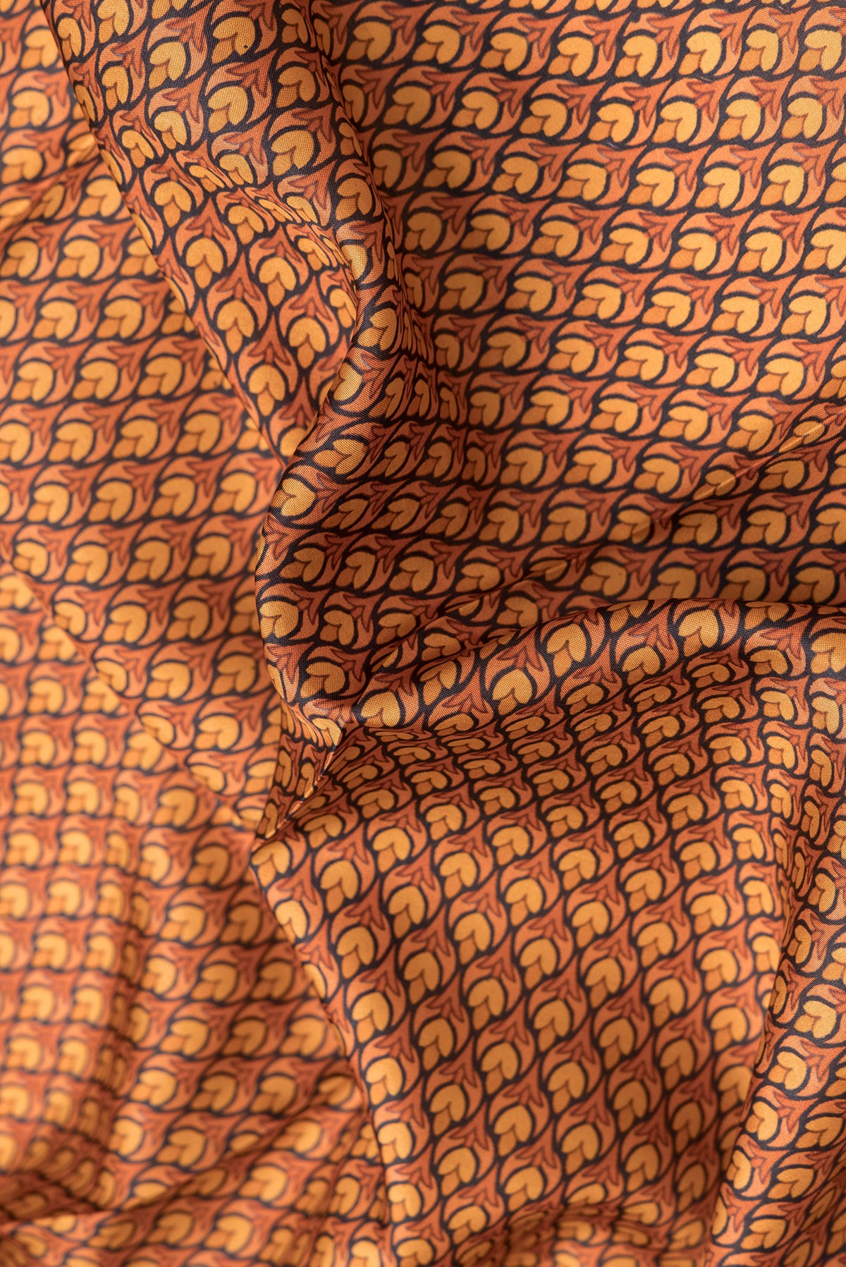 Close up of Peach Dual Tone Printed Silk Saree with Printed design on the body and Printed Border.  displaying folds