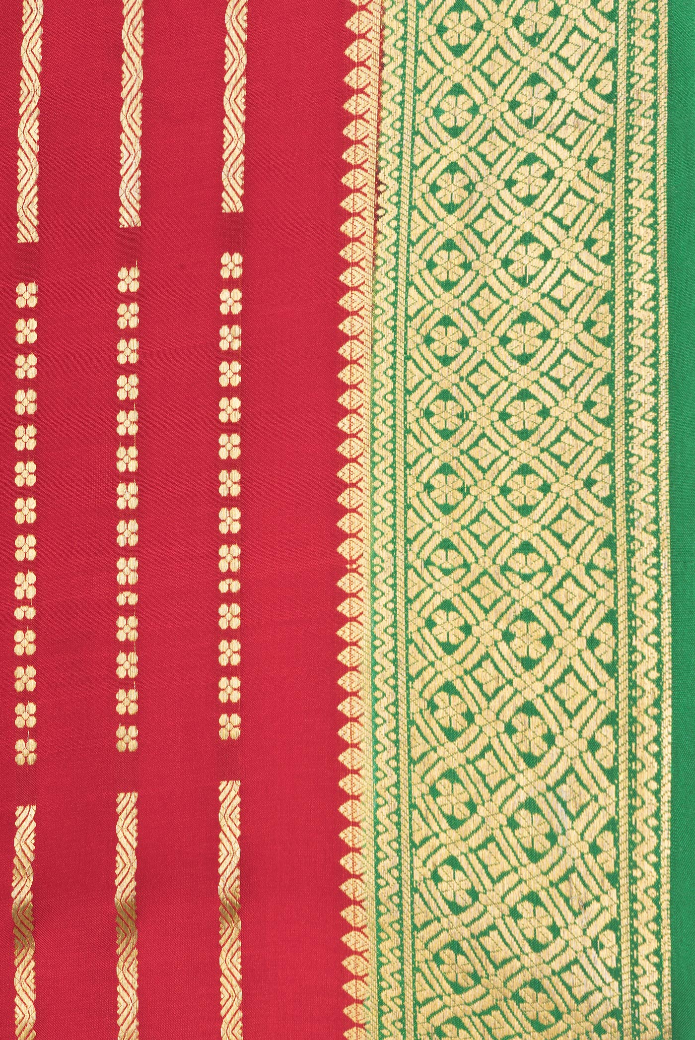 Border image of Red Dual Tone Mysore Silk Saree with Zari Brocade on the body and Zari Border. 