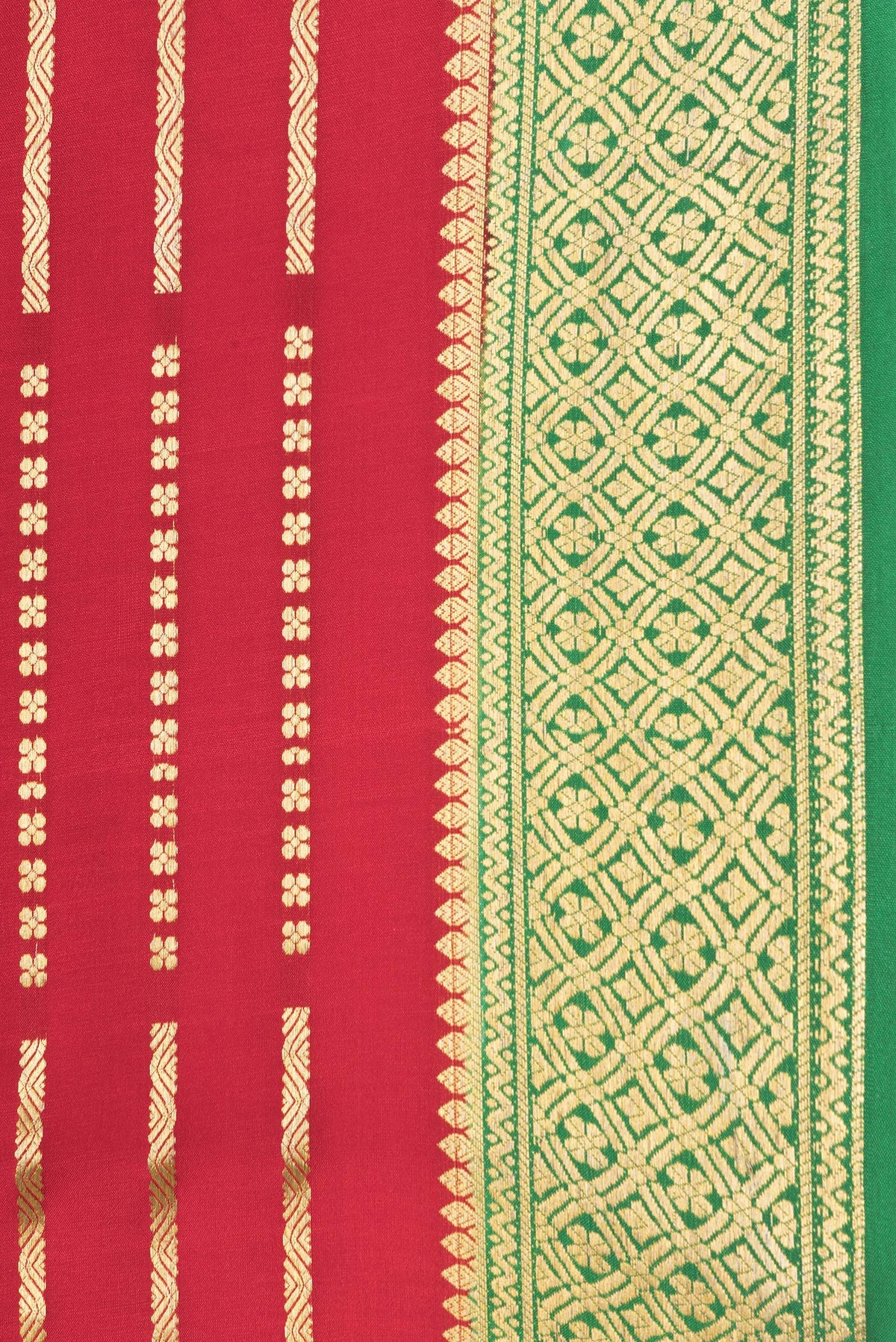 Border image of Red Dual Tone Mysore Silk Saree with Zari Brocade on the body and Zari Border. 