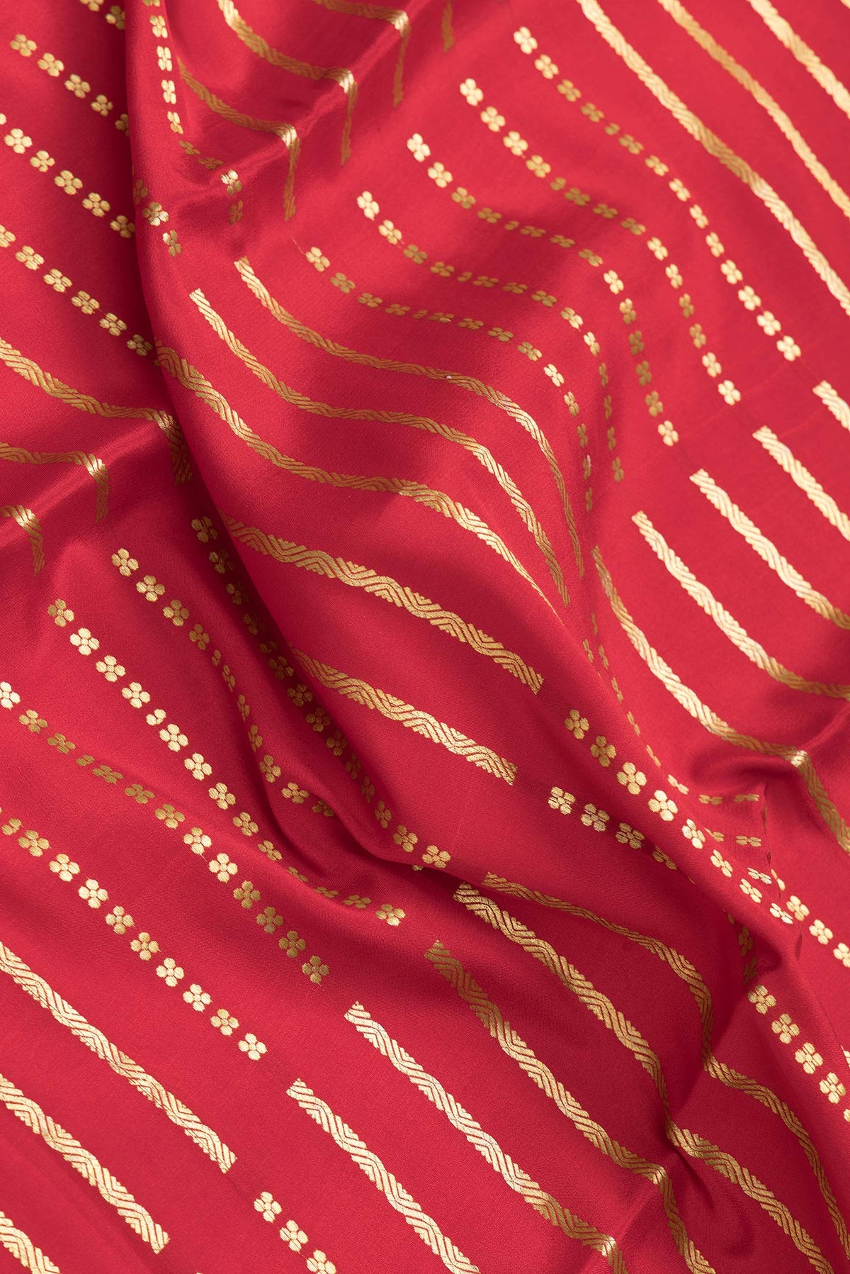 Close up of Red Dual Tone Mysore Silk Saree with Zari Brocade on the body and Zari Border.  displaying folds