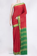 Red Dual Tone Mysore Silk Saree with Zari Brocade on the body and Zari Border.  displayed on a mannequin